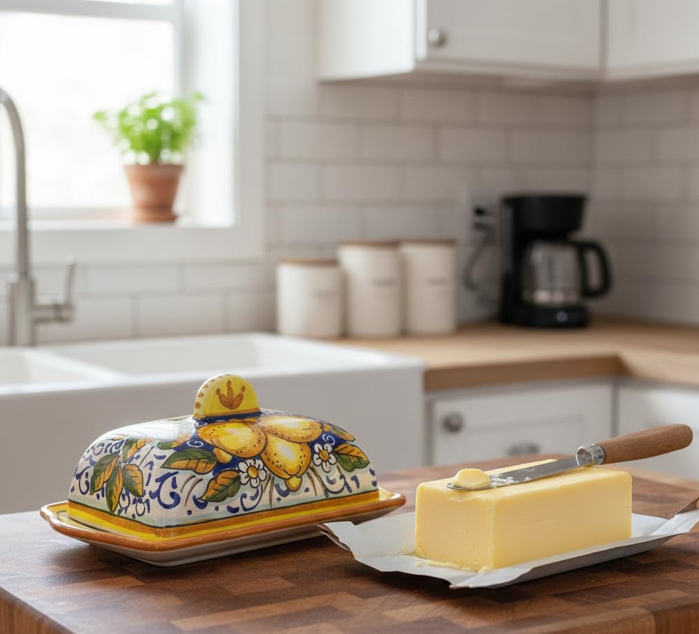CERAMICHE D'ARTE PARRINI- Italian Ceramic Butter Dish Hand Painted Decorated Three Lemons Made in ITALY Tuscan Art Pottery