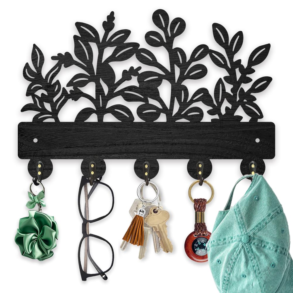 MAYJOYDIY Wooden Leaf Pattern Key Hook Wall Mounted Plant Themed Coat Holder for Wall 30×20cm Black Art Key Holder with 5 Alloy Hooks for Entryway Bedroom Living Room Home Decor