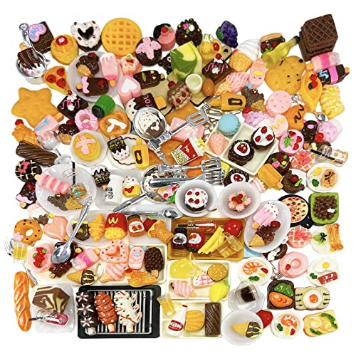 HUADELAIMA 200 Piece Dollhouse Miniature Food Pretend Fast Food Toy Set Burger Fries Milk Cake Egg Bread Pizza Coffee etc Doll Food Kitchen Accessories Toys Kids Party Accessories Restaurant