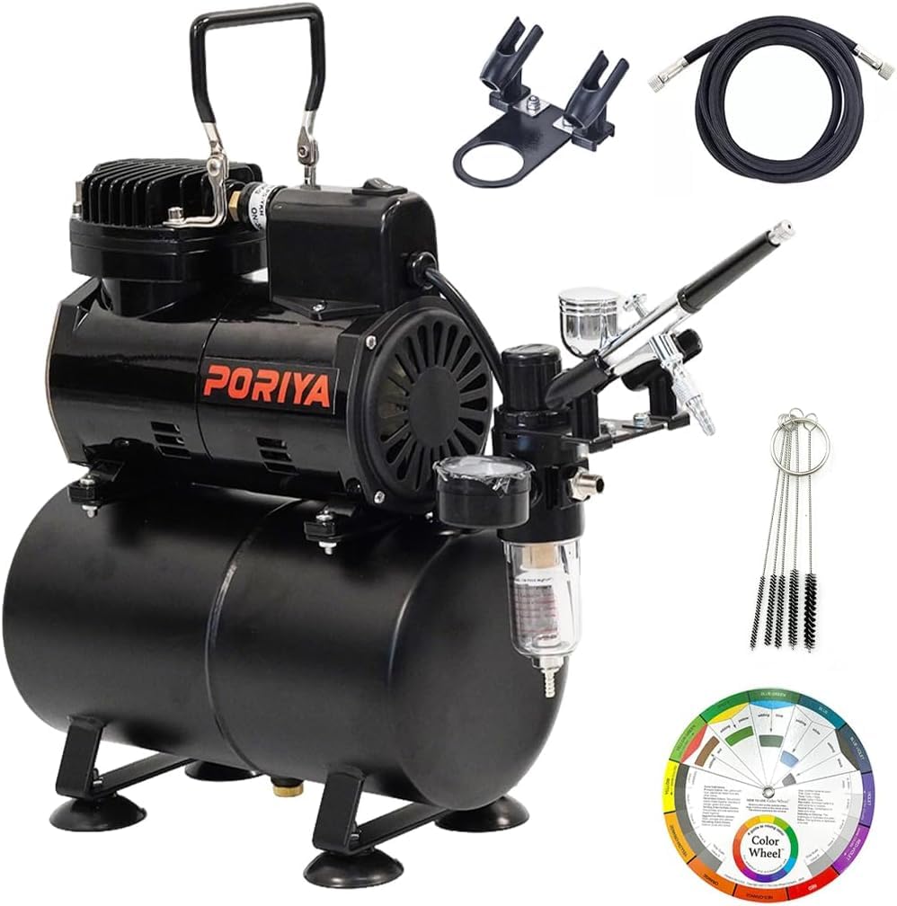 PORIYA Airbrush Compressor with 3.5L Tank, Airbrush Kit with Compressor, Quiet Air Brush Accessories with 0.35MM Nozzle Air Brushes for Hobbies Crafts Nail Art Tattoos Cake Decorating AF186K
