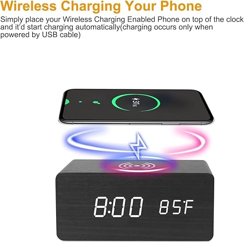 Miniatura 2 de Reloj despertador digital, pantalla LED electrónica de madera, 3 ajustes de alarma, carga inalámbrica de 18 W, día de la semana, detección de