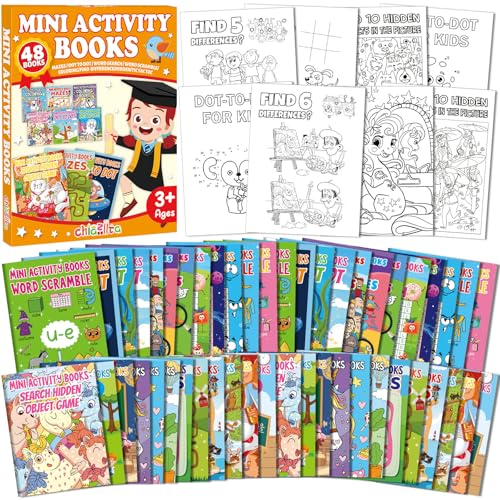 chiazllta 48 PCS Mini Activity Books for Kids Party Favors Ages 4-12 Bulk Activity Books Include Mini Coloring Book Mazes Dot to Dot Word Search Word Scramble Goodie Bags Stuffers Classroom Activities