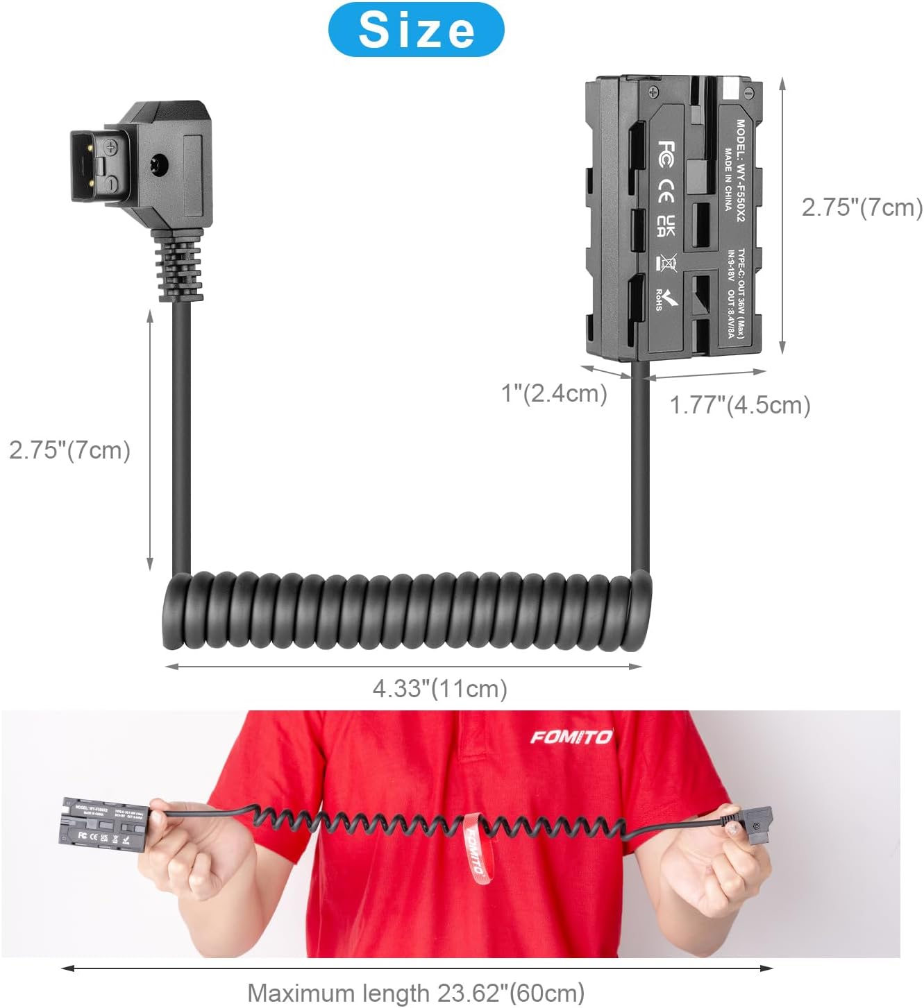 FOMITO 2-Sided NPF Dummy Battery Power Adapter to D-tap Power Cable with USB-C Output Connecting V-Mount Battery for Field Monitor, Wireless Video Transmission, LED Light, Camera, Smartphone