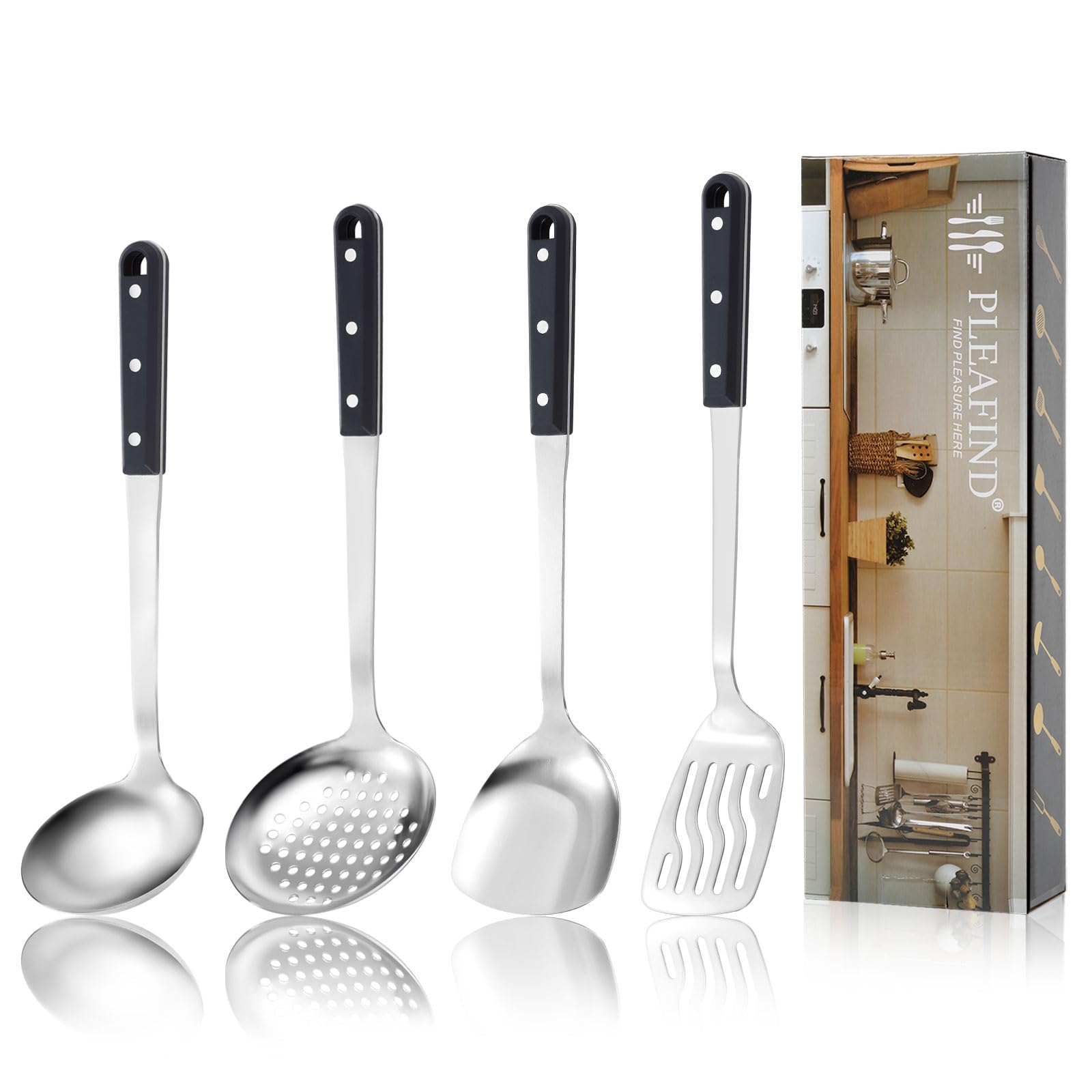 Pleafind Set di 4 utensili da cucina, utensili da cucina in acciaio inossidabile, set essenziale da cucina lucidato a specchio, include mestolo wok, cucchiaio scanalato, spatola wok e spatola