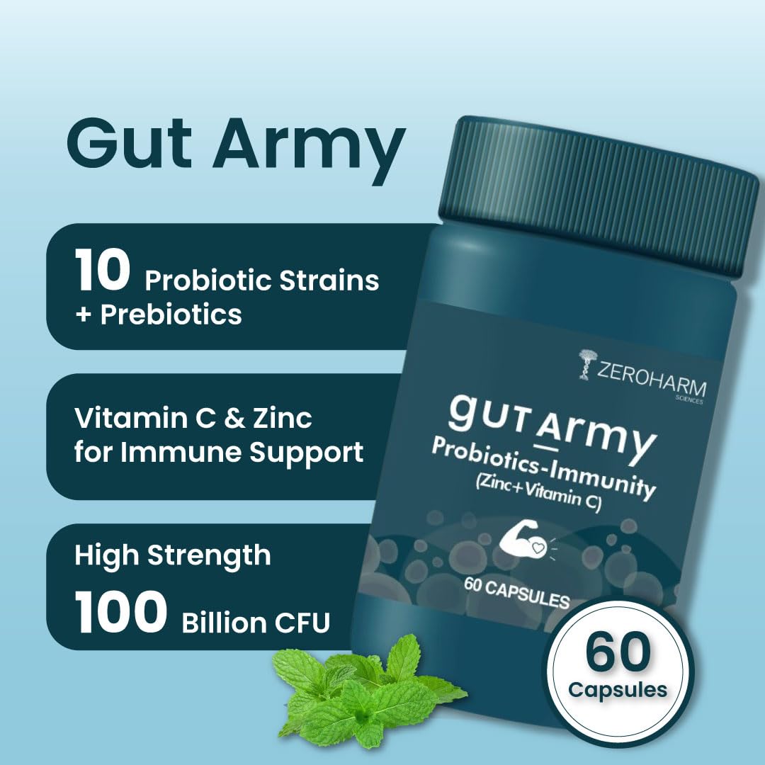 ZEROHARM Gut Army Probiotics & Prebiotics | Psyllium Husk, Lactobacillus Acidophilus, Vitamin C & Zinc | Immunity and Gut Health Supplement | Promotes Natural Gut Health & Digestion | 60 Veg Capsules — Amazon image 2