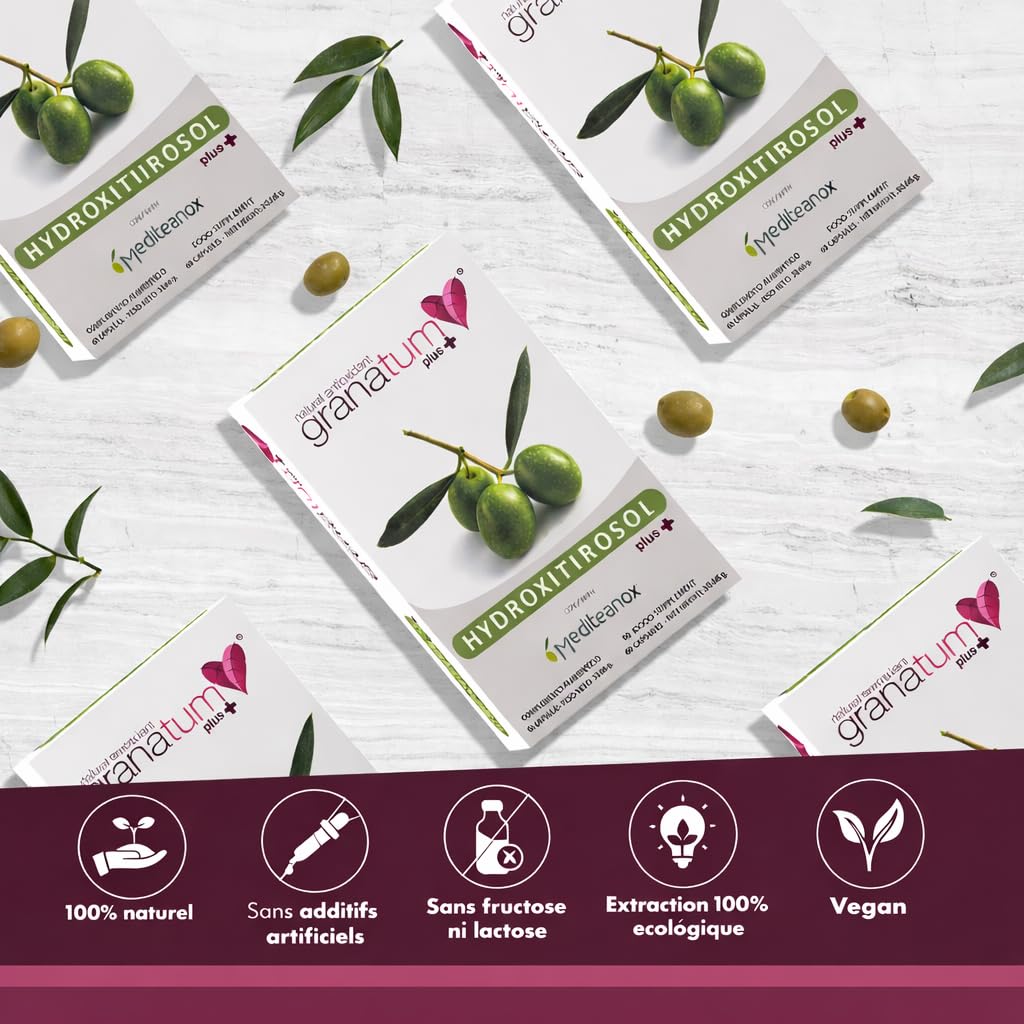 Granatum Plus | Extrait de Olive | Extrait de feuille d'olivier | Extrait de feuilles d'olivier | Hydroxytyrosol Plus | Complément alimentaire | Polyphénols naturels | (1 Boîte de 60 Gélules)