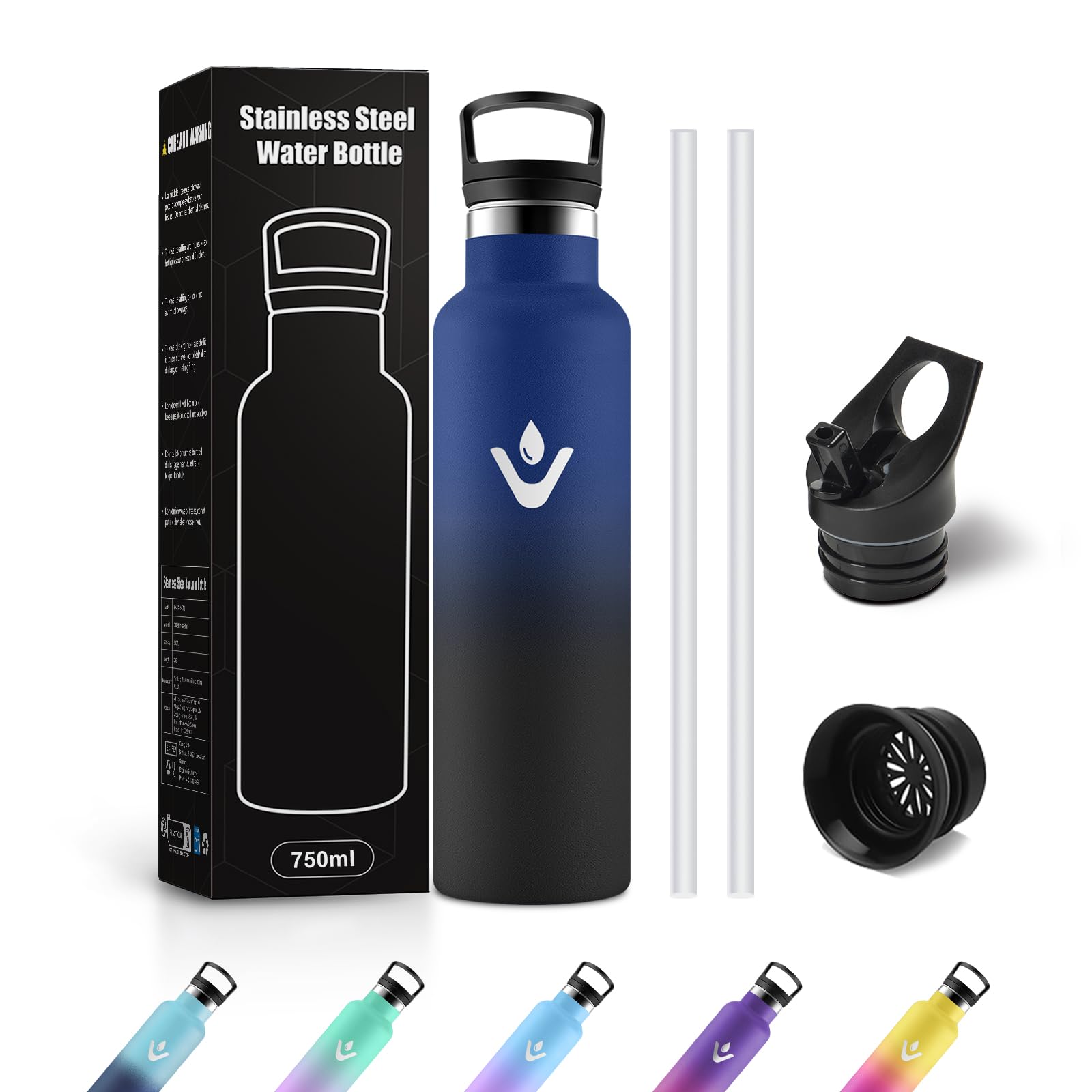 JAPORIA Borraccia Acciaio Inox 750ml, Termos con Cannuccia, a prova di perdite, Riutilizzabile, senza BPA, per Viaggio, Campeggio, Gimnasio