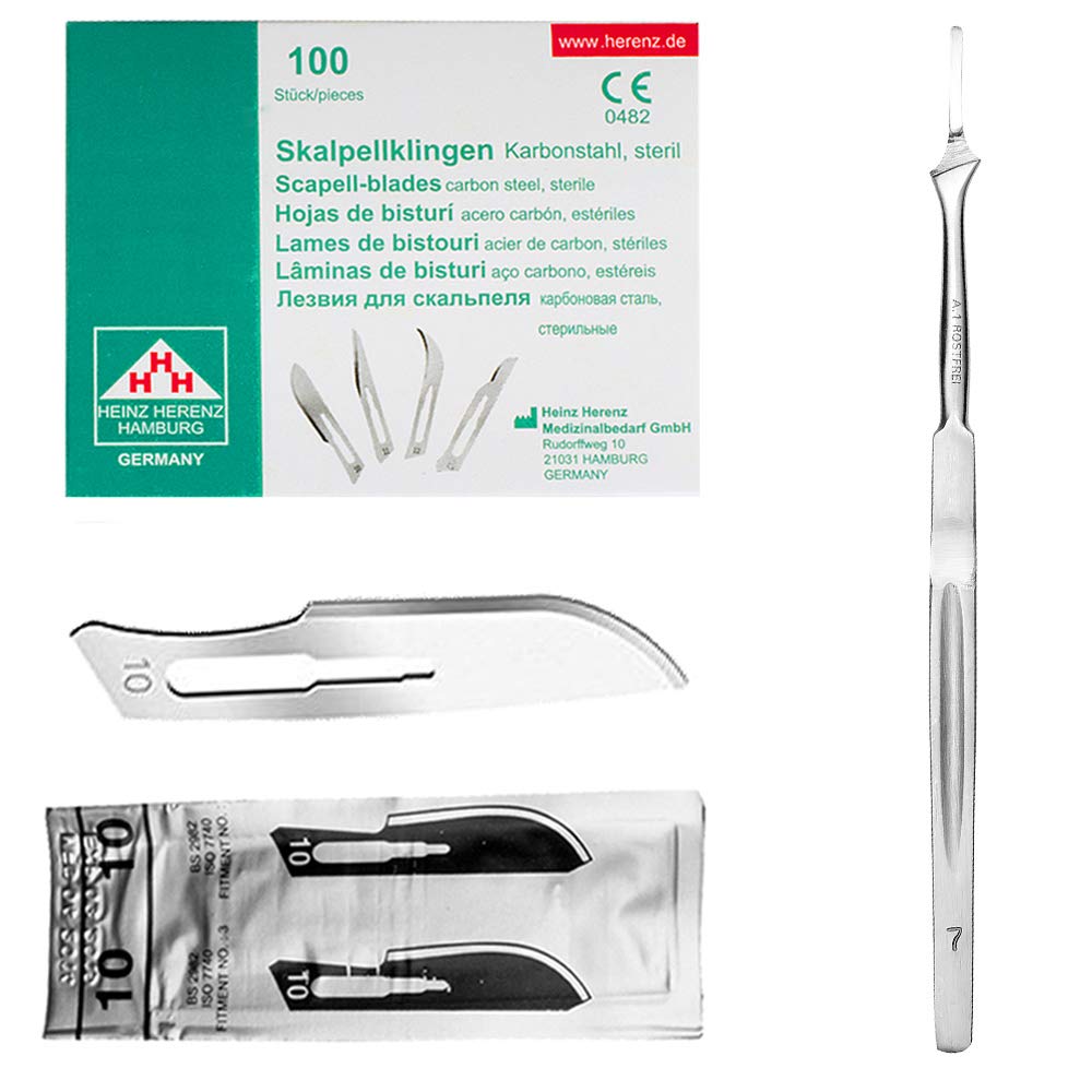 Set - 100 Stück Skalpellklingen Figur 10 aus Karbonstahl - Ersatzklingen einzeln steril verpackt + 1 x May - Skalpell-Halter mit 16 cm langem Griff - Edelstahl