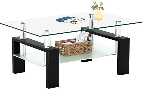 Meihua Mesa de centro rectangular de vidrio de 2 niveles, mesa de centro lateral moderna para sala de estar, color negro Negro -,Todo