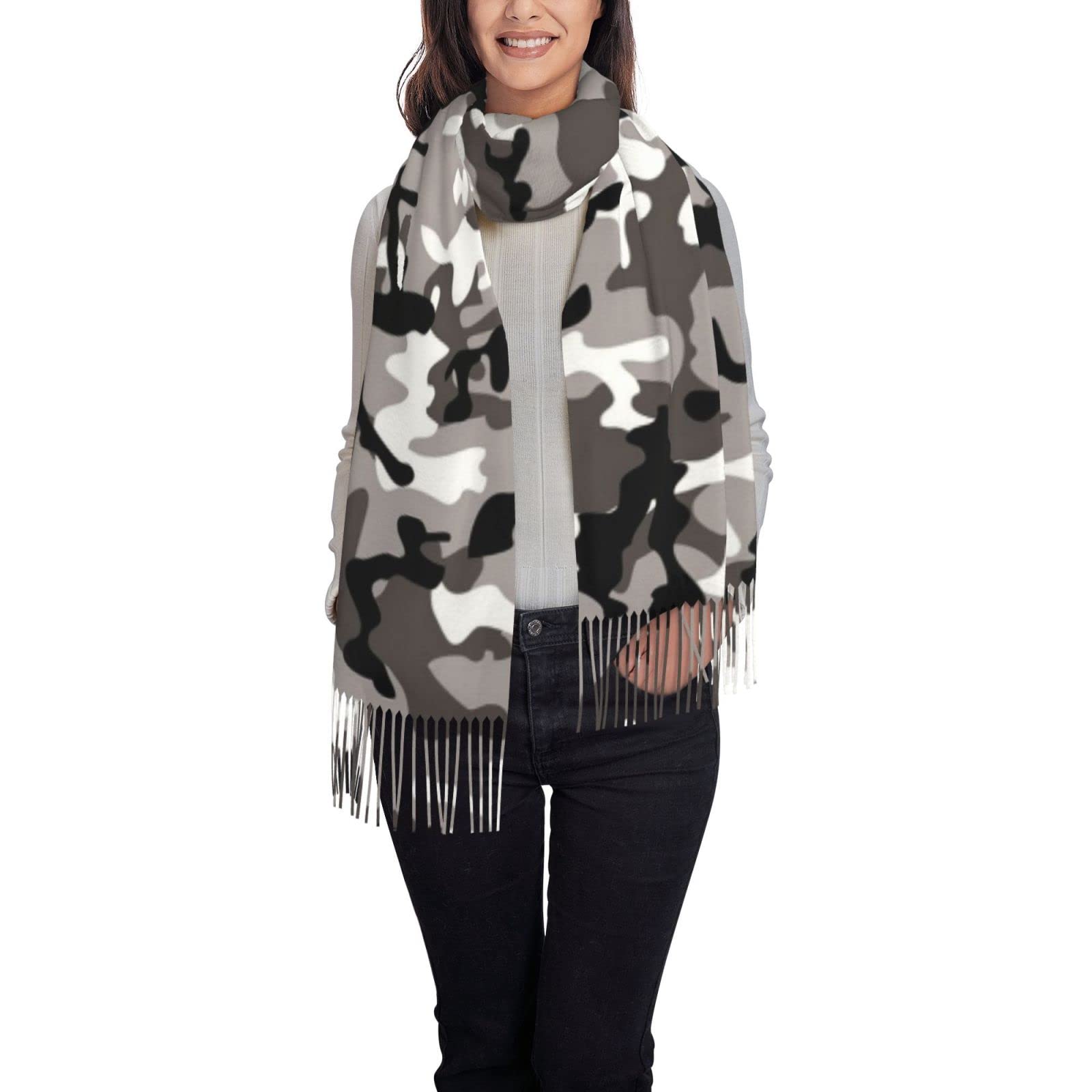 Comaam Unisex Black Grey White Camo Imitation Cashmere Long Velvet Tassel Scarf (Horizontal Style) Shawl Scarf For Daily Warmth Wearing