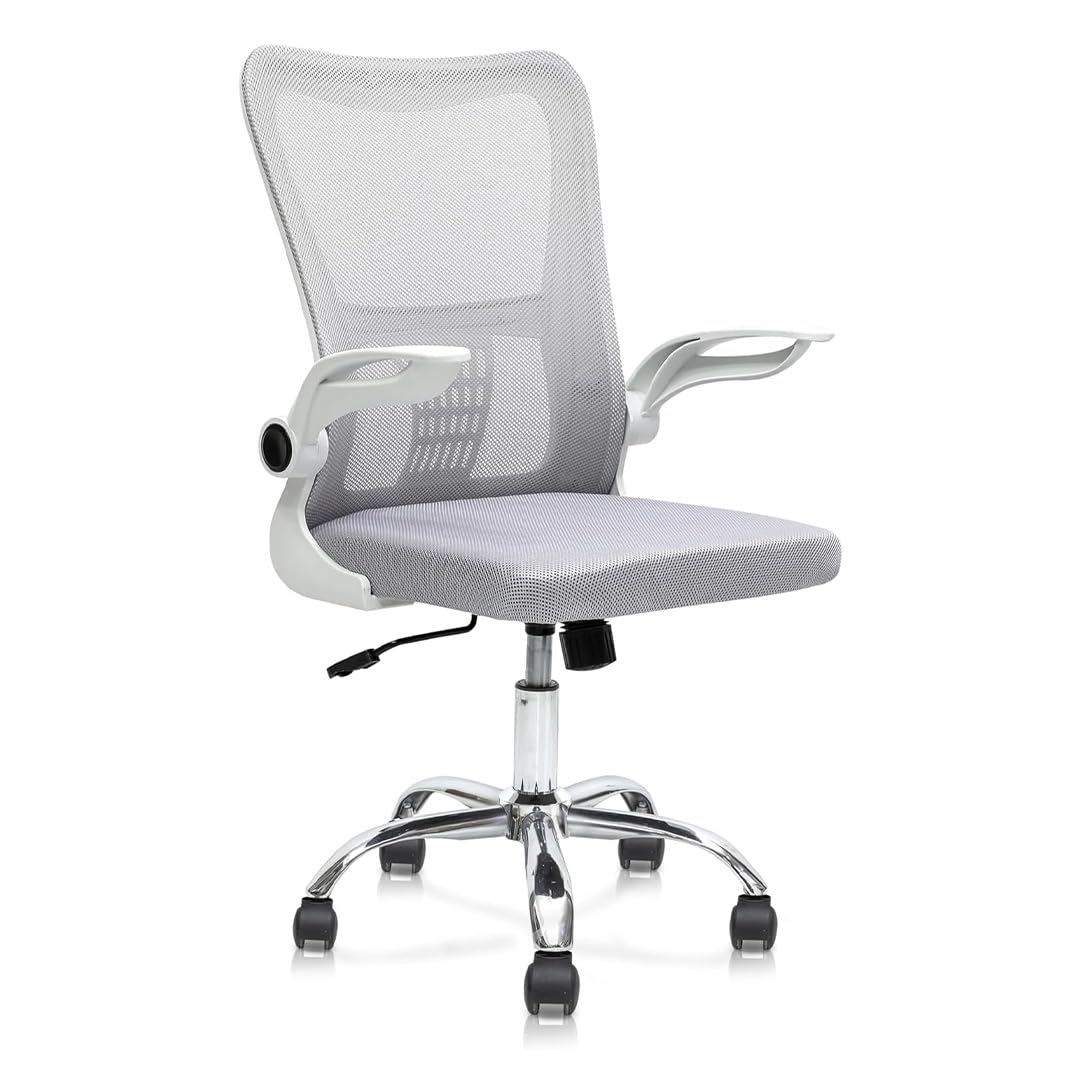 Multi Home Furniture White Mesh Office Chair – Swivel Desk Chair with Lumbar Support, Flip-Up Arm & Chrome Base – Ergonomic Chair Adjustable Computer Chair for Home Office, Study, Gaming & Workstation