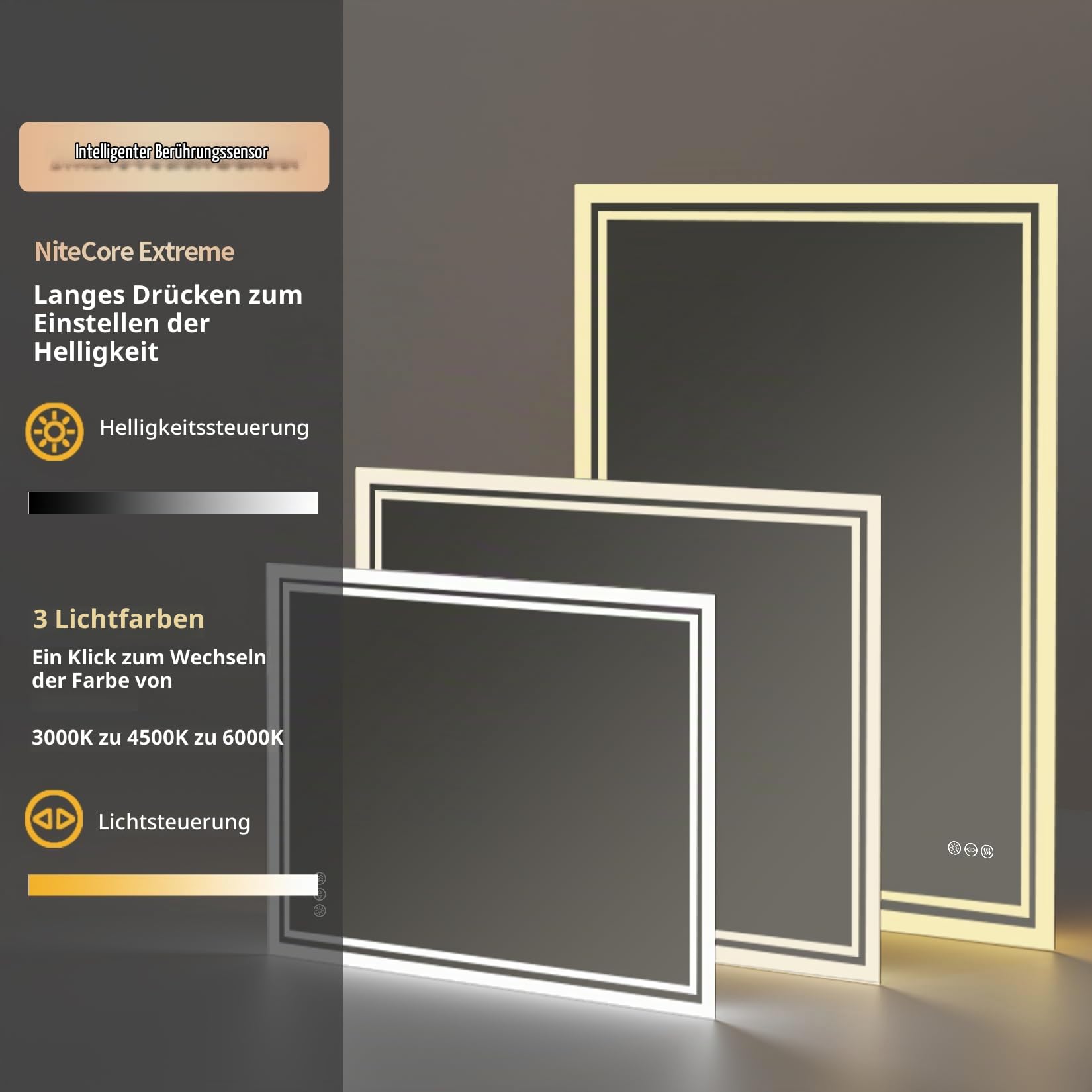 LUVODI LED Badspiegel mit Hintergrundbeleuchtung: 90x70 cm Smart Badezimmer Spiegel mit Touch Lichtschalter Antibeschlag Dimmbar 3000K 4500K 6000K - Vertikal Horizontal Wandspiegel