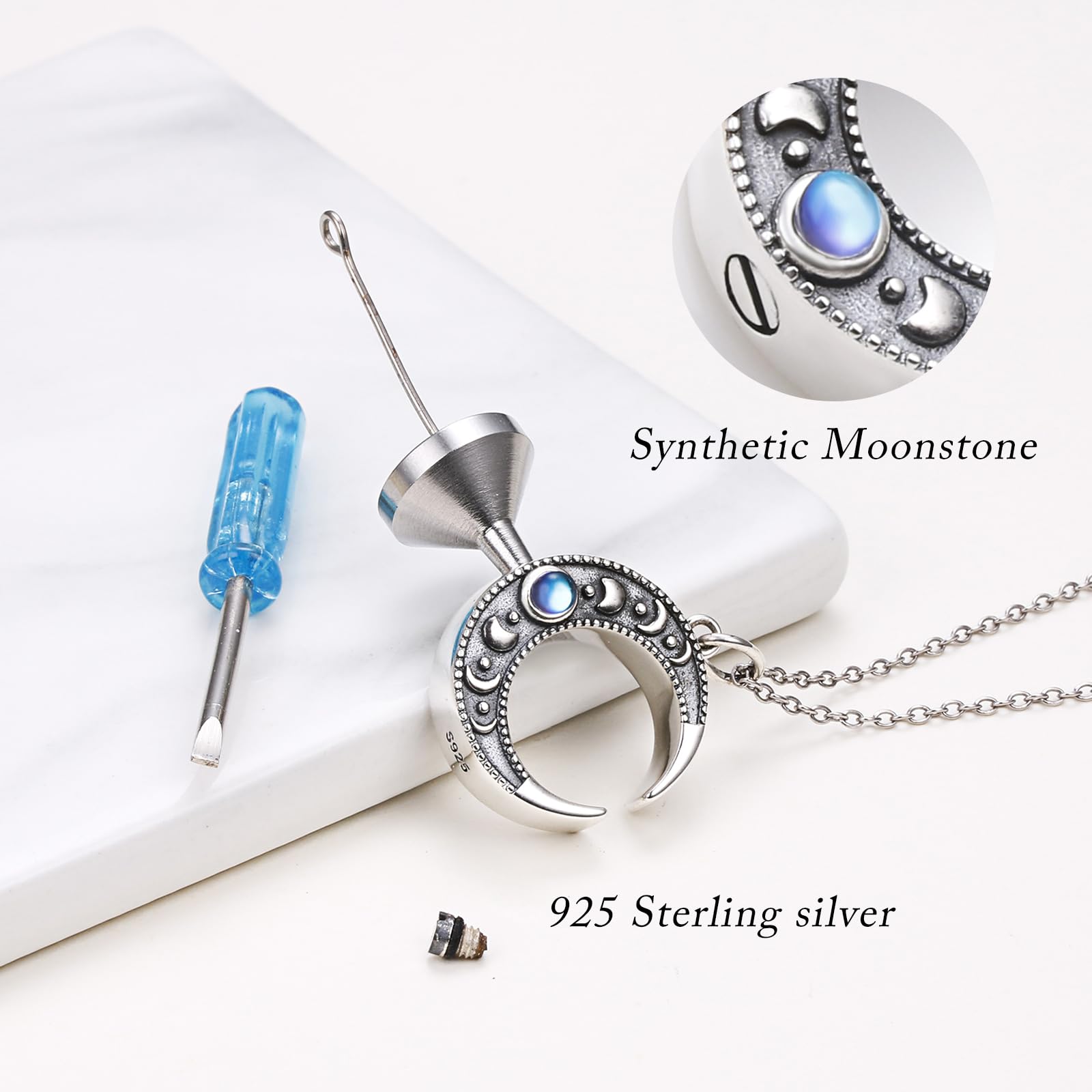 Mondstein Urn Halskette für Asche 925 Sterling Silber überzogene Halbmond Phase Halskette Mond Phase Charm Kreis Mond Anhänger Halskette für Frauen Mond Schmuck Asche Andenken Anhänger Memorial