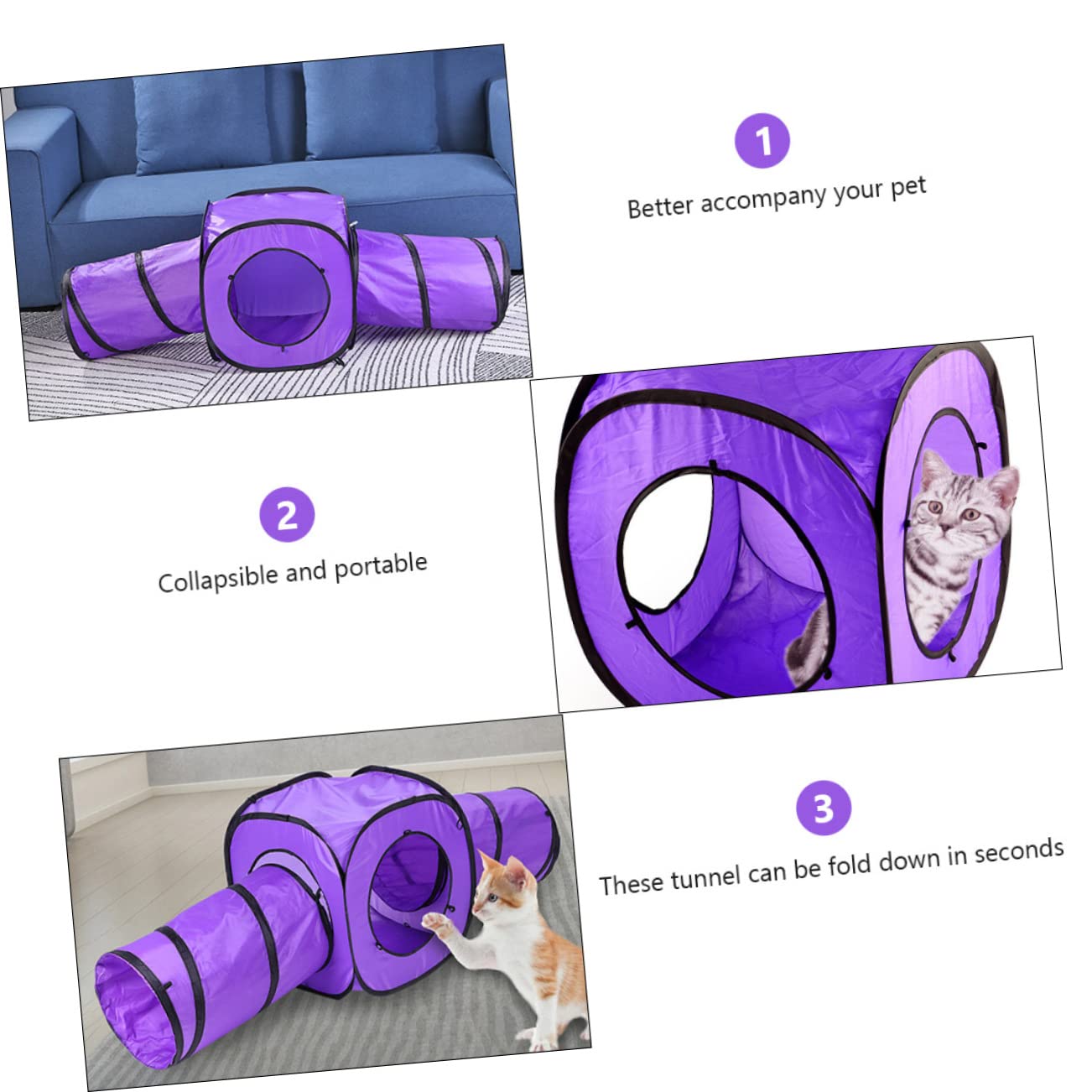 Katzentunnel Spielzeug 3 Stück, Faltbar, Polyester, Violett
