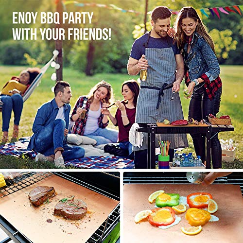 Copper Grill Mat Set of 5 - Non-Stick BBQ Mats for Outdoor Grilling - Easy to Clean - Fits Various Types of Grills - 15.75 x 13 Inch