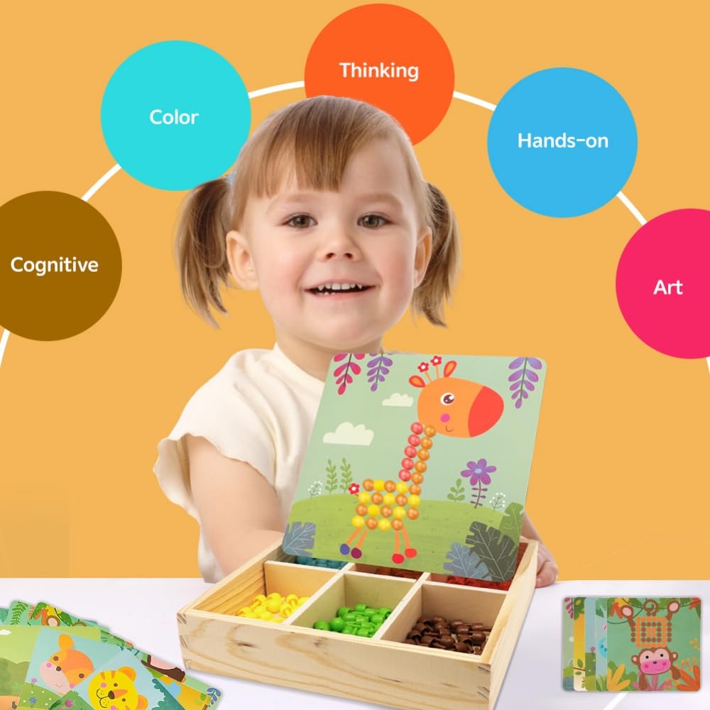 RANJIMA Juego de mosaico para niños, juguetes a partir de 2, 3, 4, 5 años, mosaico de madera, juego de manualidades para niños, tenedores con cuentas, regalos 3D para niños, niñas, Navidad, animales