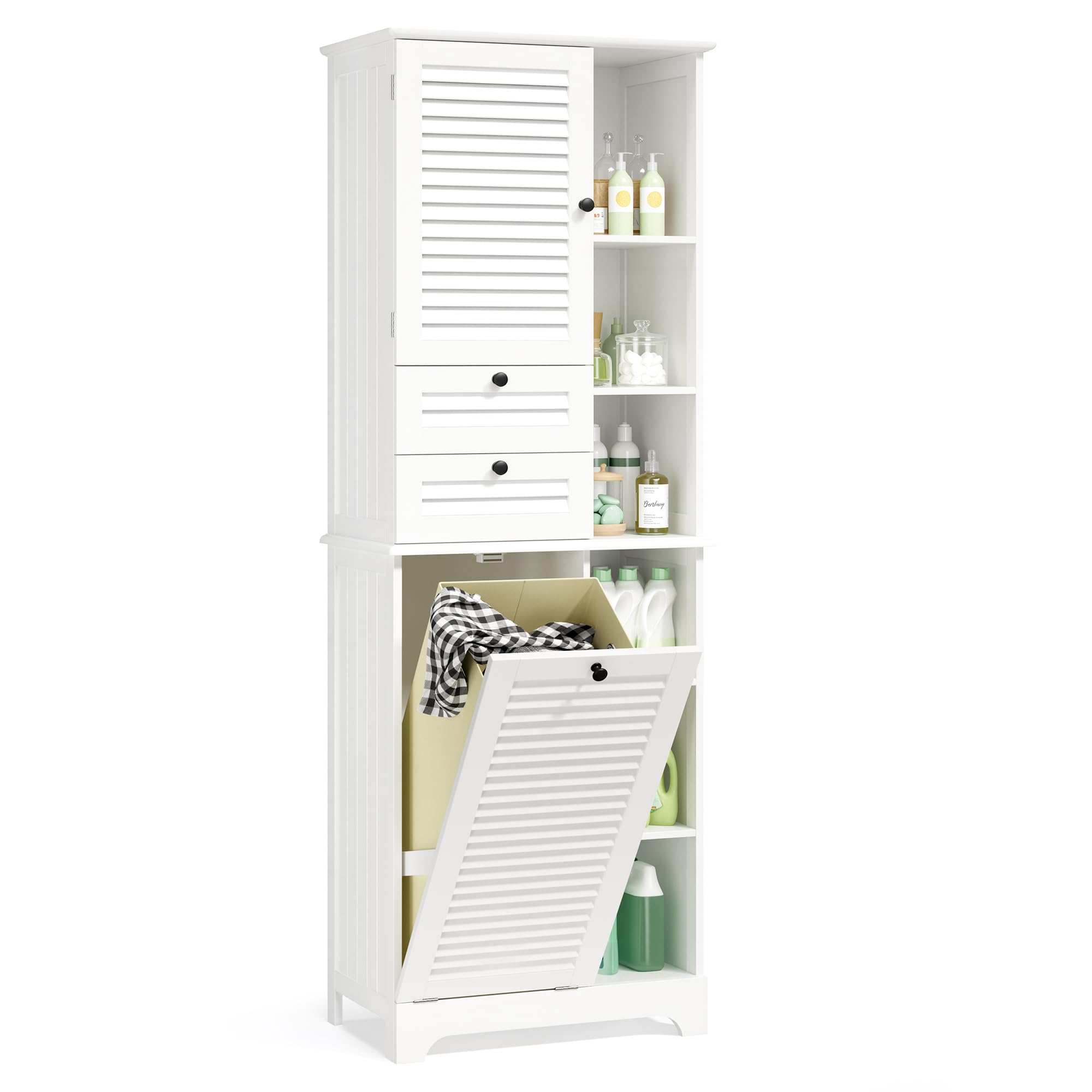 Xbro Mobile Salvaspazio Alto da Bagno con Cesto Portabiancheria, 2 Ante a Lamelle, 2 Cassetti e 8 Ripiani Aperti, Multiuso per Bagno, Cucina e Soggiorno, 60x37x170 cm, Bianco