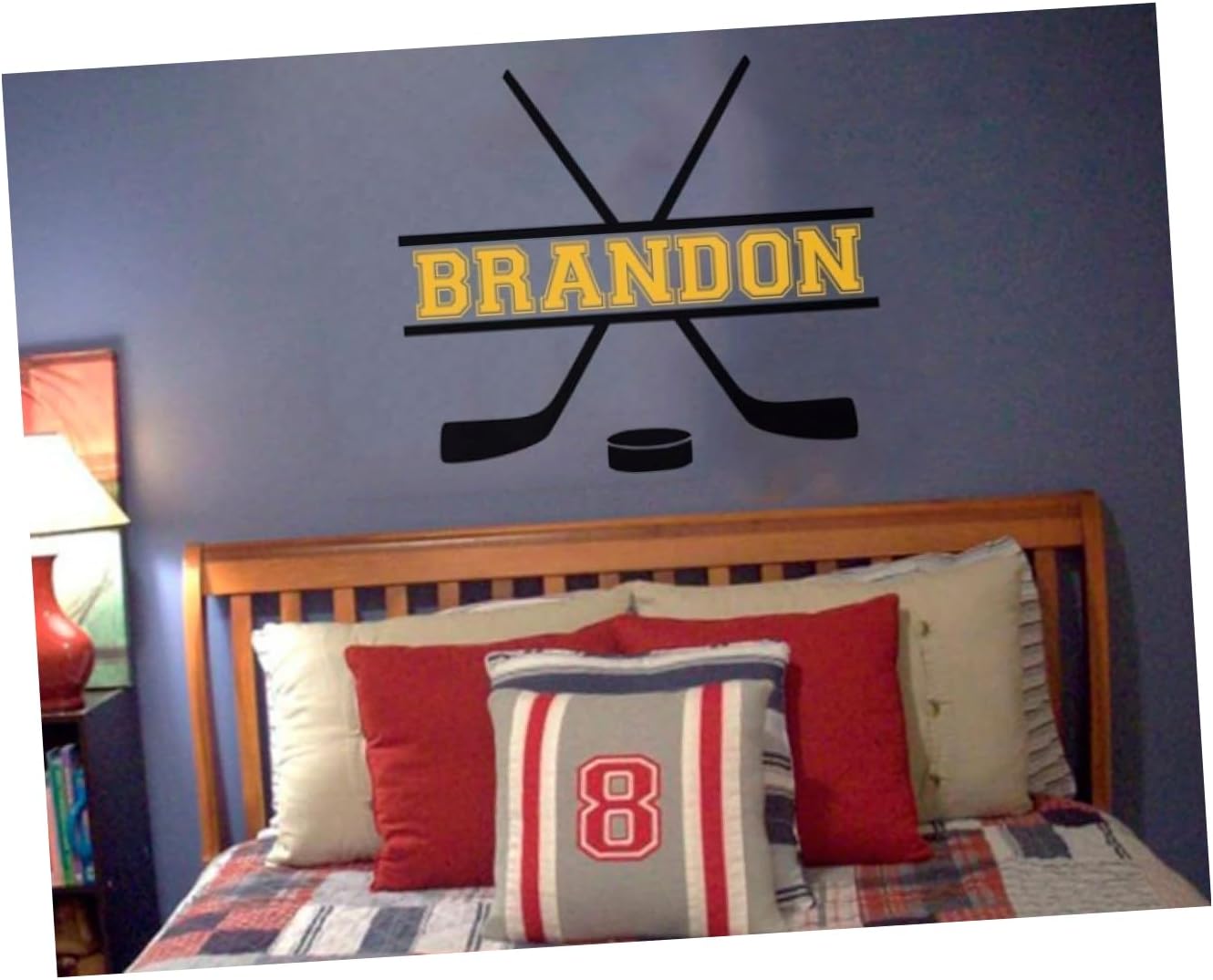Custom Name Added to Hockey Vinyl Wall Decal Hockey Theme Personalized Removable Sticker Perfect for Above Bed Sports Room 25 Inches Wide by 22 Inches Tall