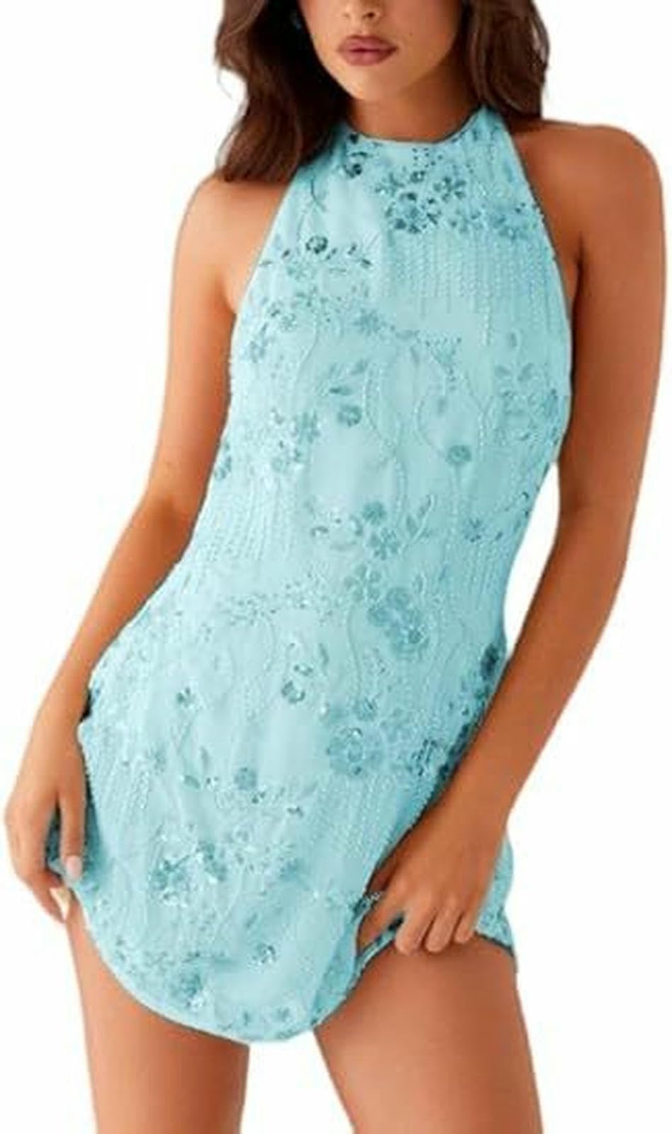 Sukienka damska z nadrukiem kwiatowym uchwyt na szyję bez pleców mini sukienka elegancka Y2k cekiny linia A talia smukła sukienka słoneczna-czerwona-XL