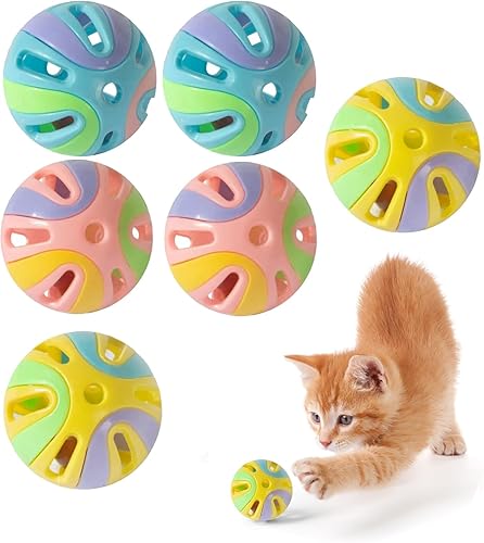 Colorful Cat Toy Balls with Bell 6PCS, Interactive Hollow Design, Plastic, Training Exercise Toy(3 in 1 Color B)
