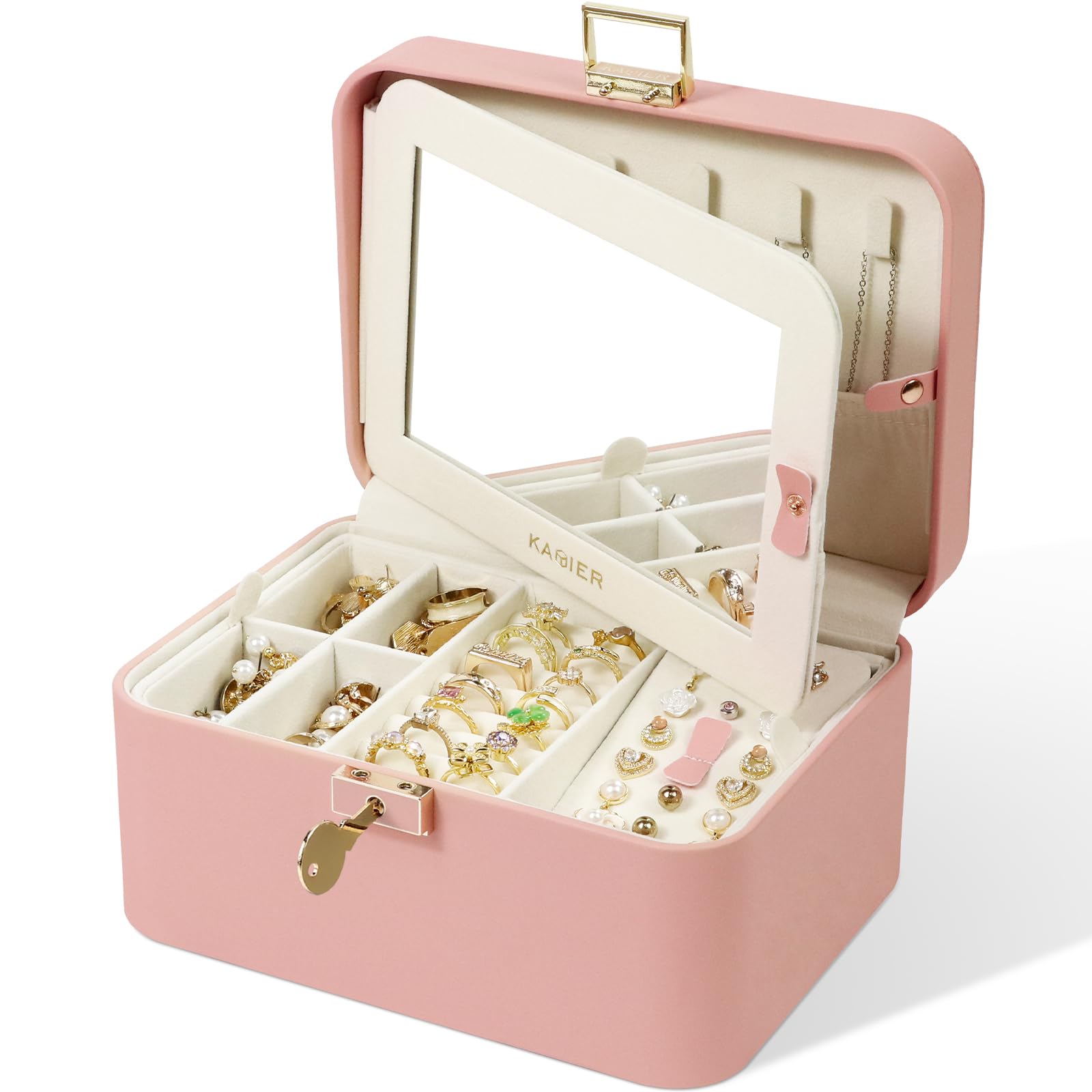 KAMIER Schmuckkästchen mit Spiegel und Schloss, 2-stöckige luxuriöse und geräumige Schmuckschatulle aus hochwertigem Flanell für Damen, Ringe, Ohrringe, Armbänder und Halsketten, Beige