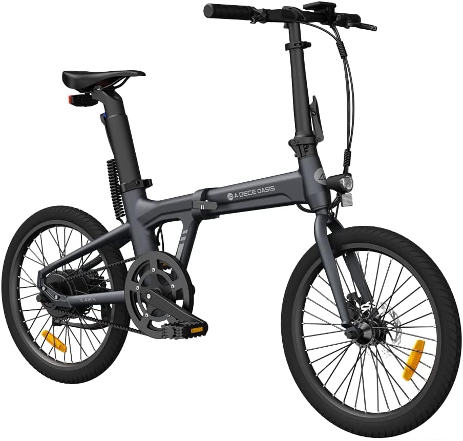 אופניים חשמליים מתקפלים מדגם Dece Oasis Ado Air 20 מקופלים חלקית, מציגים את מנגנון הקיפול.