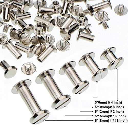 Tecunite 100 Pieces Silvery Chicago Screws Metal Screw Posts Nail Rivet Chicago Button For Leather Bookbinding Crafts, 1/4, 3/8, 1/2, 9/16 And 11/16 Inches #TOP1