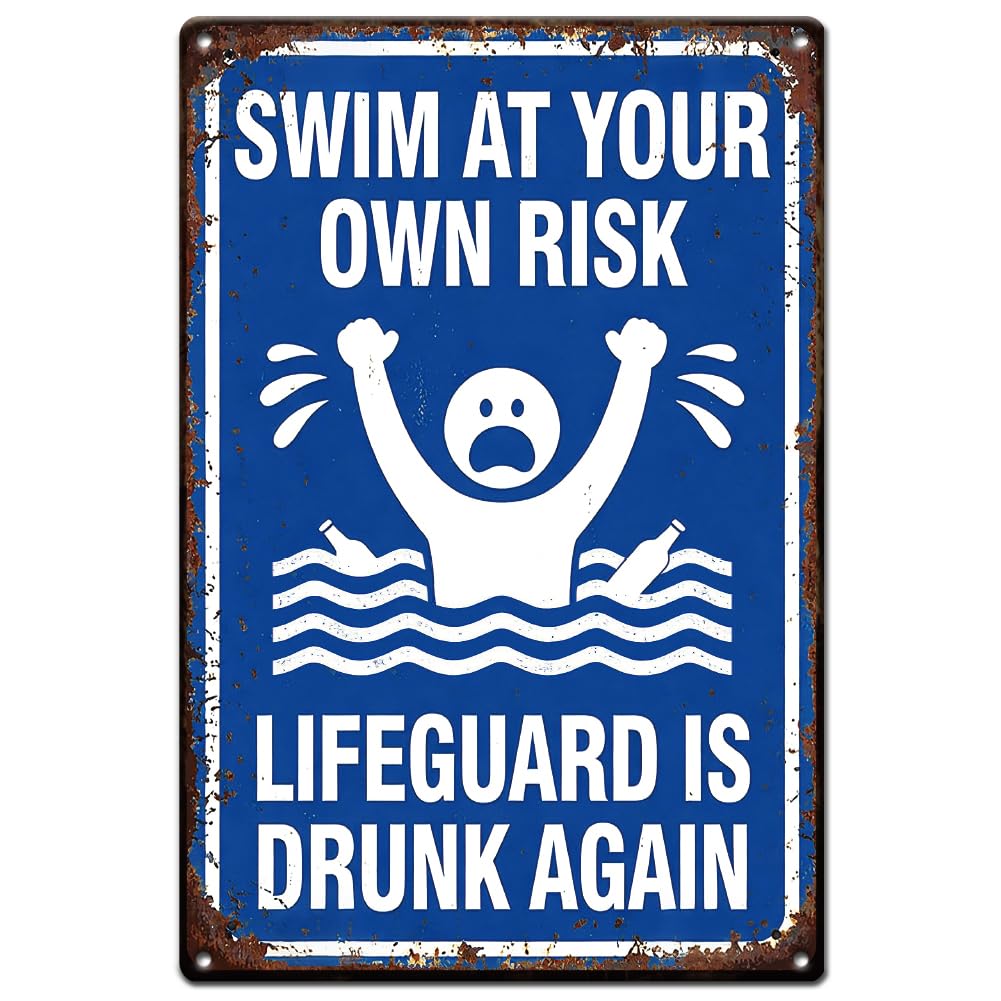 SUPERDANT Pool Warning Metal Signs 20x30cm Drowning Risk Tin Signs Wall Plaque Swim At Own Risk Notice Weatherproof Iron Decor For Backyard Fence Patio Bar