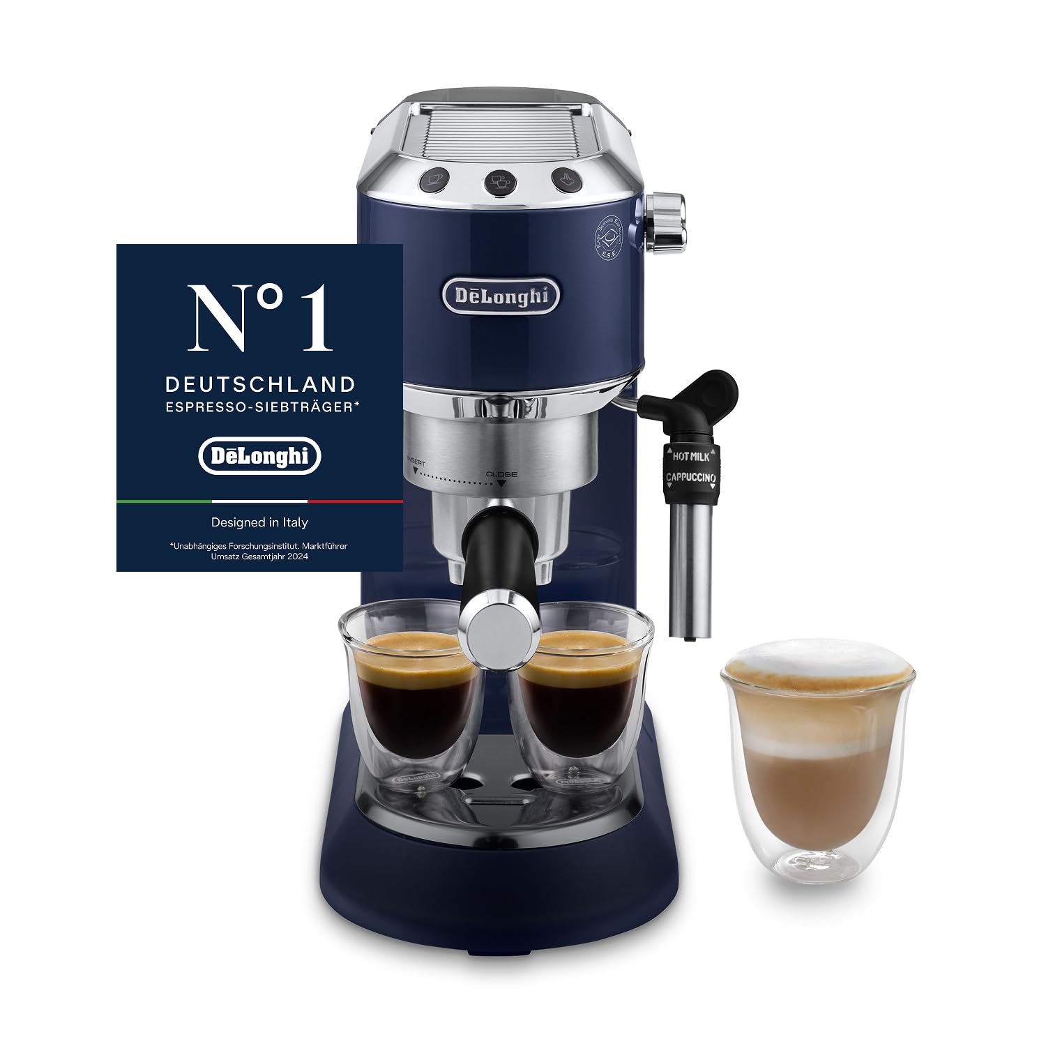 De'longhi Elektrisches Blau Dedica Style - Perfetto Kompakte Siebträgermaschine Espressomaschine Mit Tasten, Manuellem Milchaufschäumer Für Espresso Und Cappuccino, Ese Pad Geeignet, 15Cm Breit, Blau (Ec685.bl)