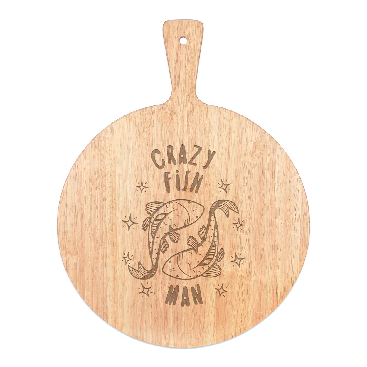 Plateau pizza bois rond Fou Poisson avec poignée de service 45x34cm