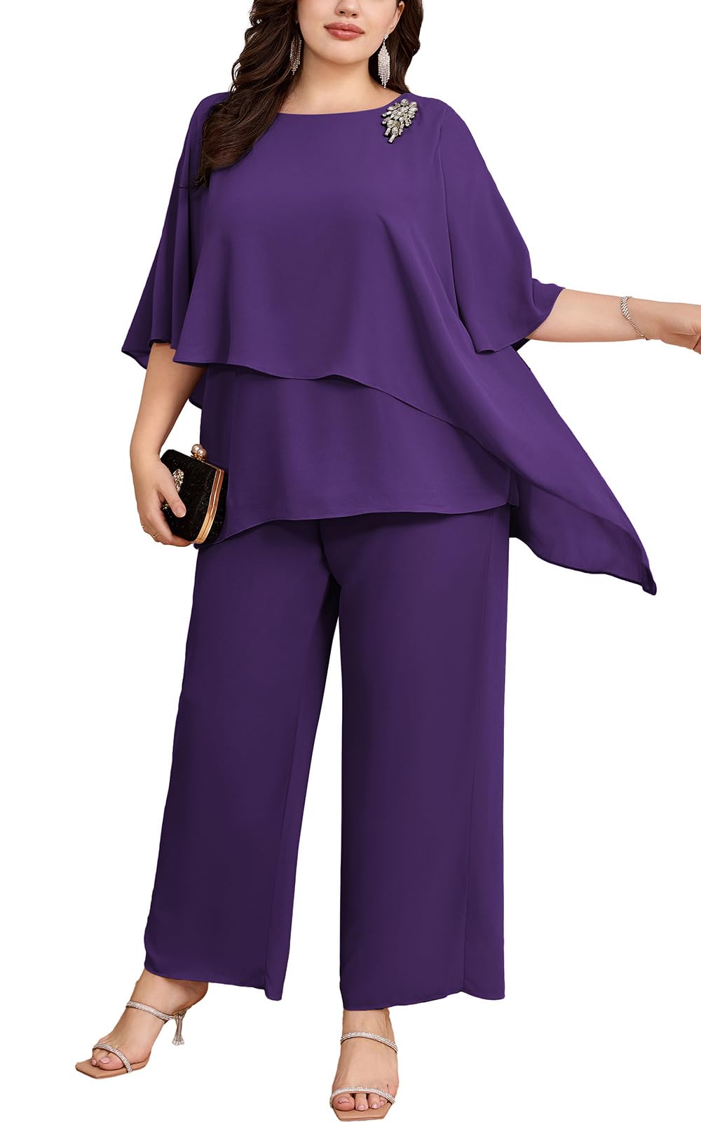 Hanna Nikole Damen Große Größen Chiffon Abendanzug Sets Cocktail Party Festlich Elegant 2-Teiliges Set Shirt Und Hohe Taille Hosenanzug Zweiteiler