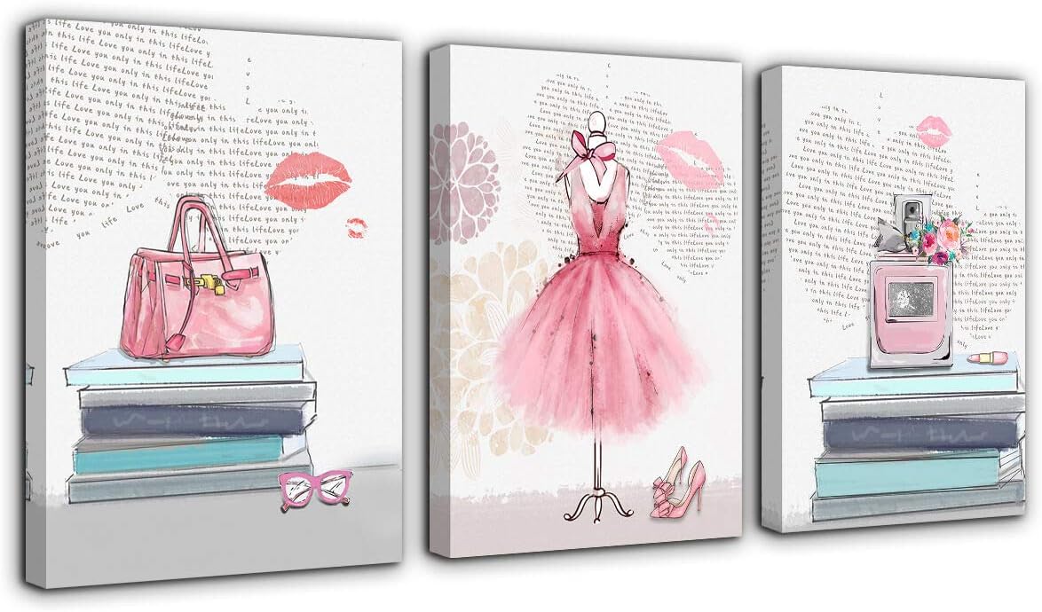 Canvas Wall Art for Girls Bedroom Pink Fashion Wall Decoration 3 Pieces Picture Artwork Framed Prints Ready to Hang for Bathroom Home Teen Girls Room Woman Room Modern Wall Decor 12"x16" Each Panel
