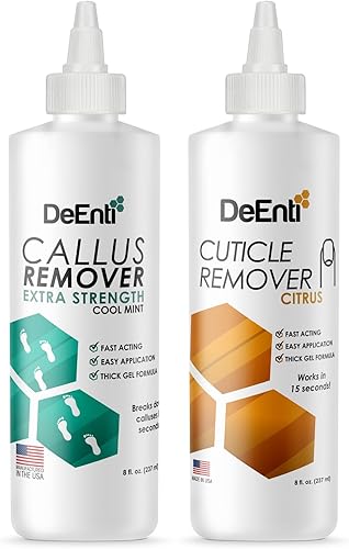 DeEnti - Removedor de callos de pies extra fuerte, 8 onzas, grado de salón, menta fresca + removedor instantáneo de cutículas y suavizante, 8 onzas
