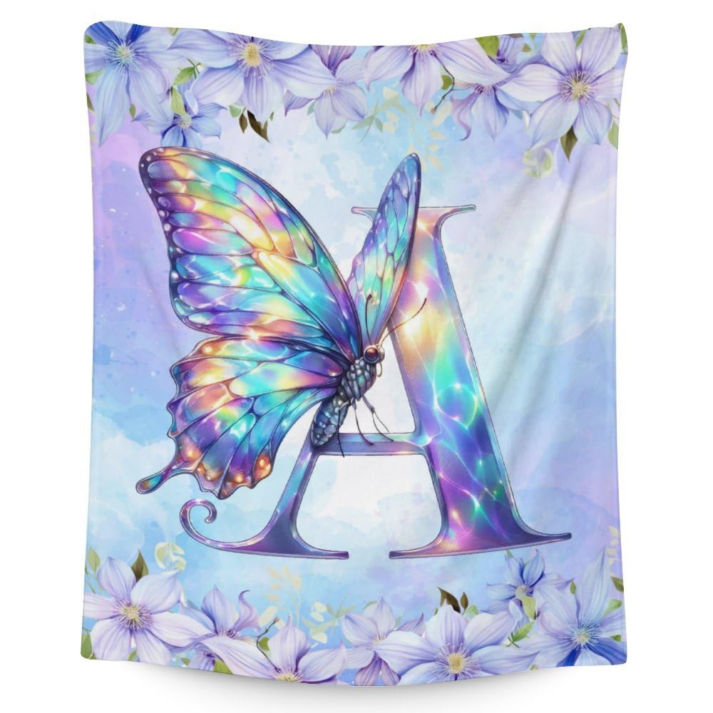 Wedinosaurnes Butterfly Blanket for Girls, Monogram Blanket,50 x 40 Inches Initial Letter Throw for Kids, Warm Flannel Throw for Bed, Chair Sofa