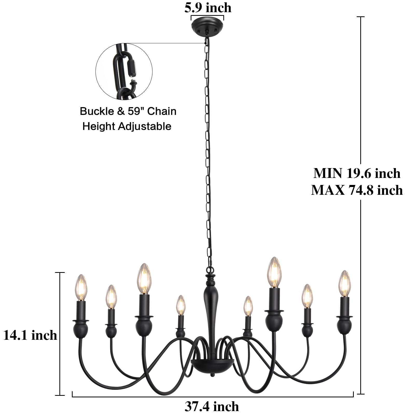 Lampadario A Sospensione ETONIMERR 8 Luci – 95 Cm – Nero Opaco Stile Fattoria – Per Sala Da Pranzo E Cucina