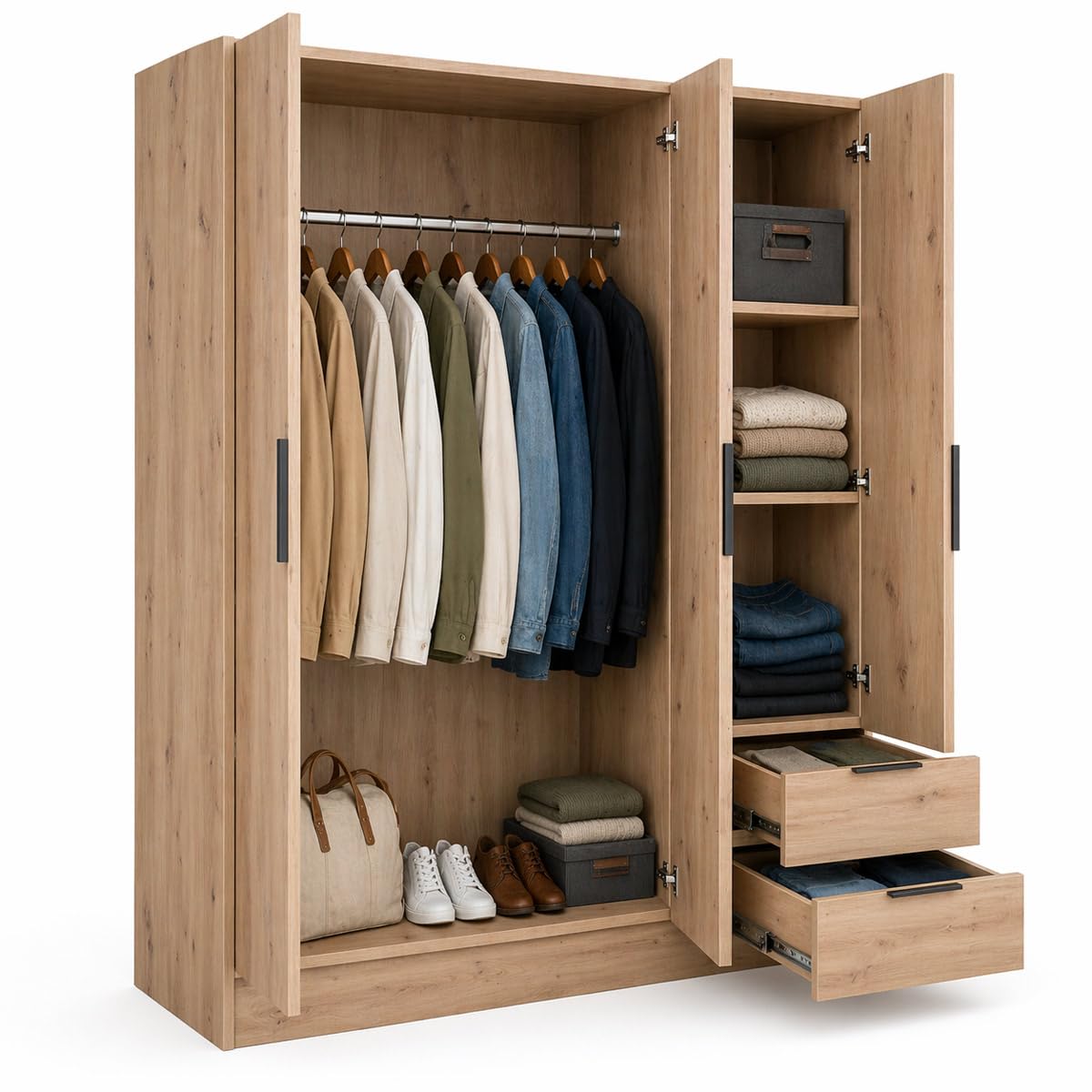 Yellowshop - Armadio mobile guardaroba 3 ante con 2 cassetti camera letto appendiabiti L120xP46xH184 cm Bambey Bianco, Cemento, Rovere Artisan Made in Italy (Rovere Artisan)
