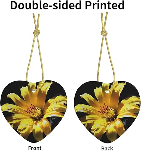Miniatura 3 de Flor con árbol de Navidad amarillo colgante de cerámica de doble cara impresos adornos de Navidad en forma de corazón colgantes para Navidad,