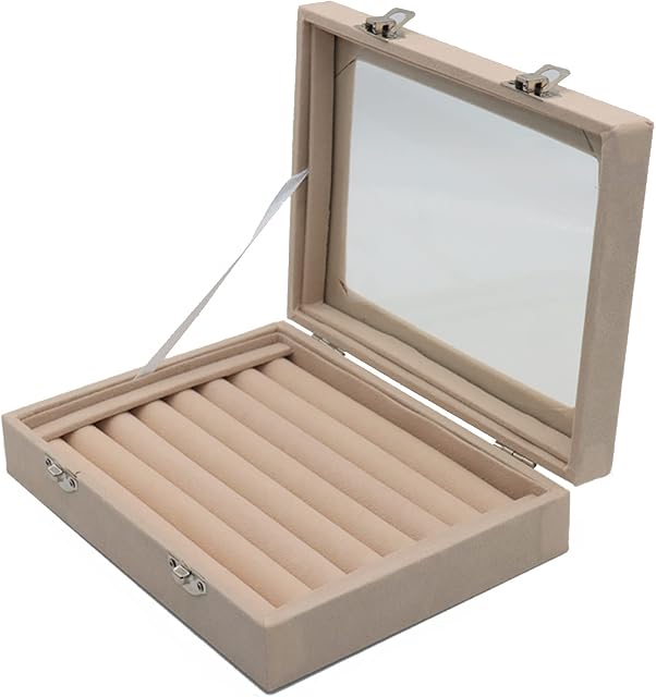 Ring Box, Ring Holder Boxes For Jewellery Ear Ring Box For Storage Jewellery Organiser Earring Holder Ring Boxes For Women 7 Slots Velvet With Glass Windows (Beige)