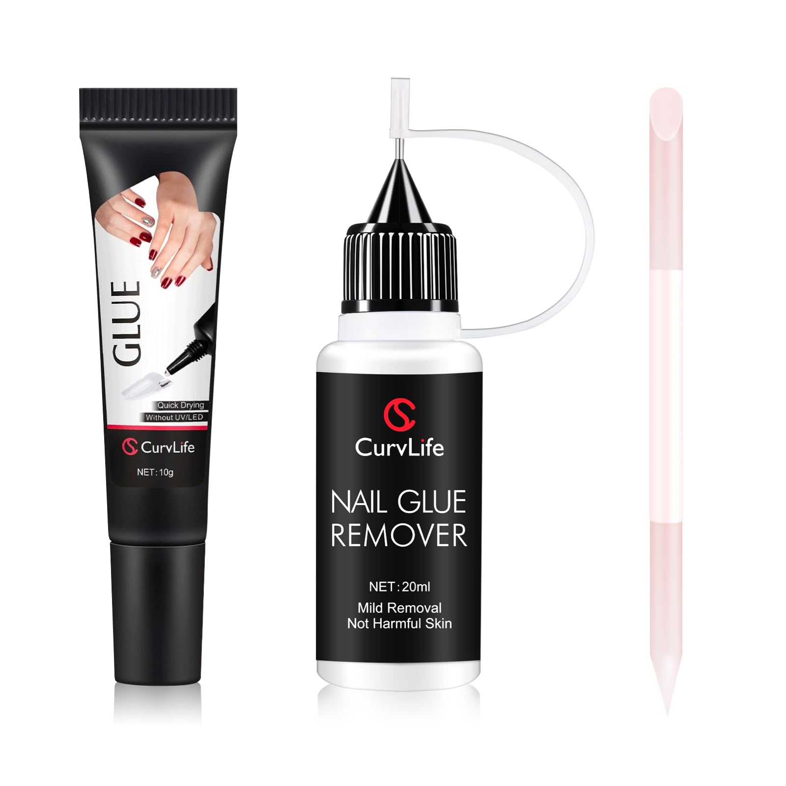 Curvlife 10g Semi Solid Nail Glue Gel and 20ml Pinpoint Nail Glue Remover Kit for Press On Nails, Cuticle Pusher with Czech Glass File & for Flawless Application & Removal