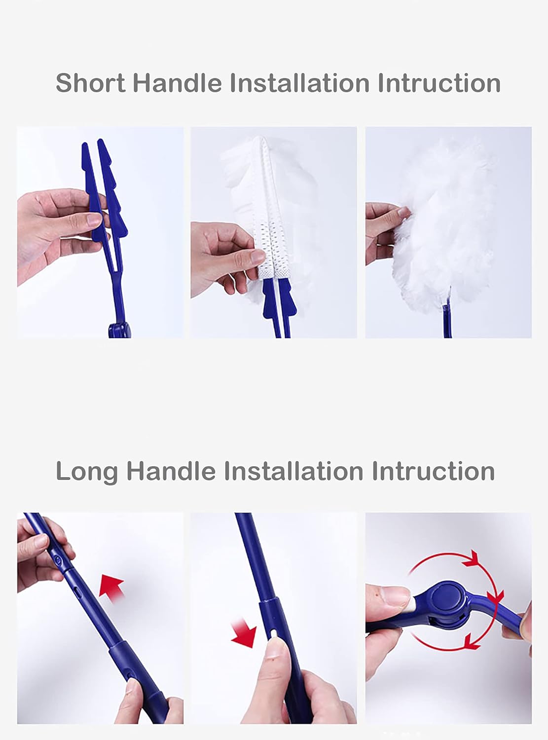 SUZZYVINE Plumero desechable de 360 grados con un mango largo más un mango corto, 12 repuestos de plumero, azul y blanco