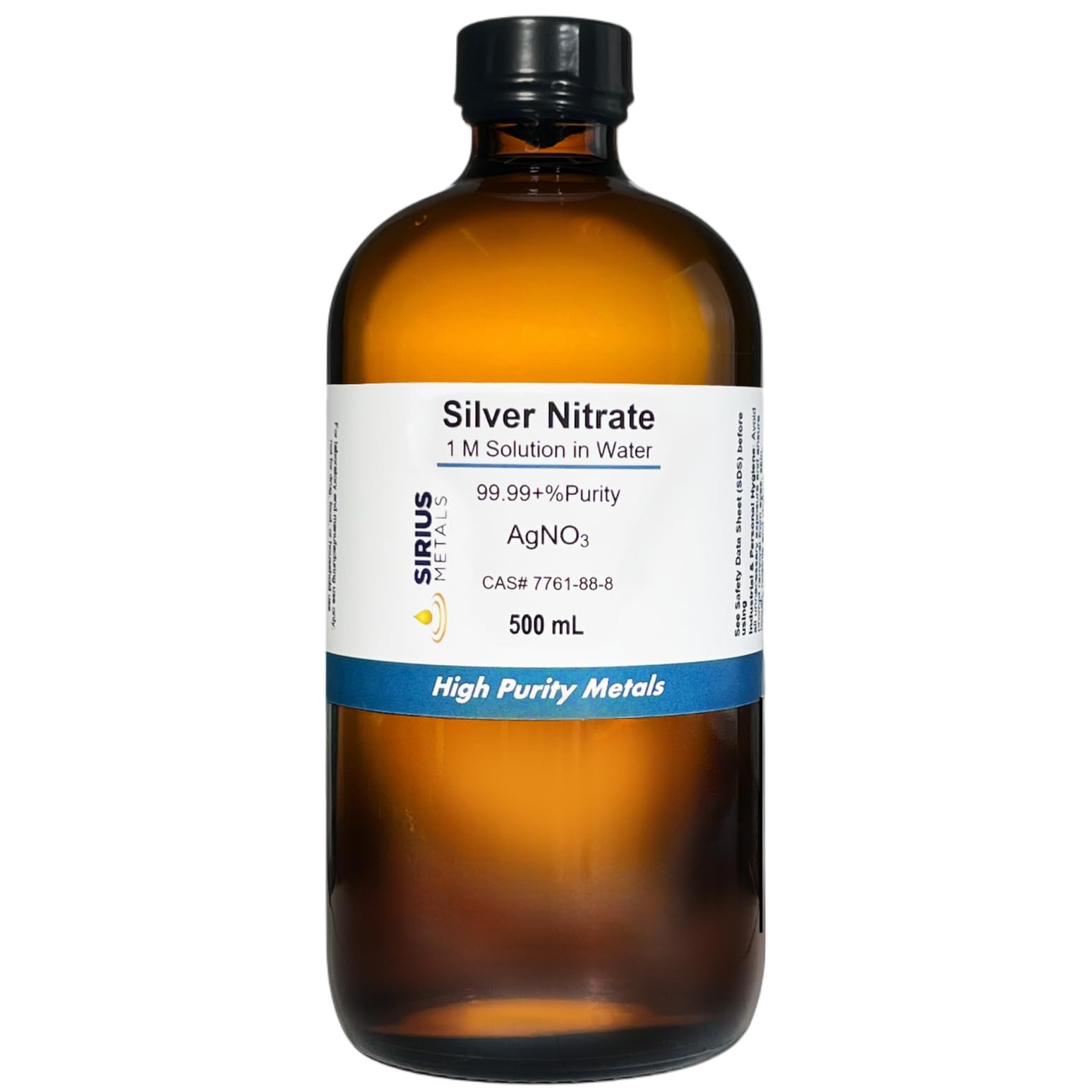 Silver Nitrate Solution (CAS# 7761-88-8) - 1 Molar (1M) AgNO3 Solution in Water - 99.99+% Purity: 500 mL in Amber Glass Bottle