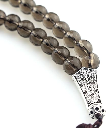 Miniatura 4 de Muslims Islamic Dhikr Tasbeeh Tasbih - Cuentas de oración, 33 cuentas de cuarzo ahumado de cristal con borla