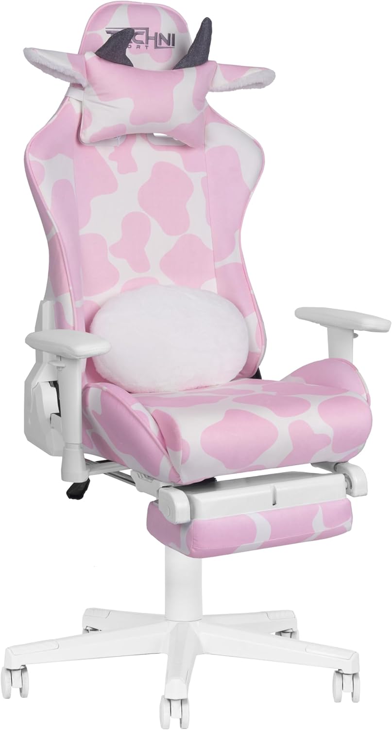 Techni Sport Pink Cow Gaming Chair with Footrest