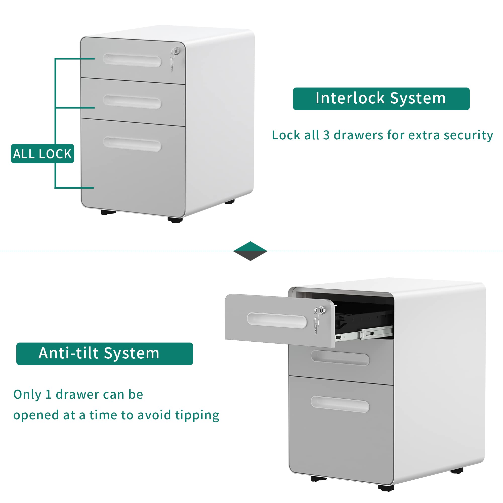 YITAHOME Rollcontainer, Metall Rollcontainer mit 3 Schubladen für A4, Legal, Letter, Abschließbar Aktenschrank Büroschrank mit 4 Rollen für Home-Office, 48 x 38 x 58cm, Weiß + Grau