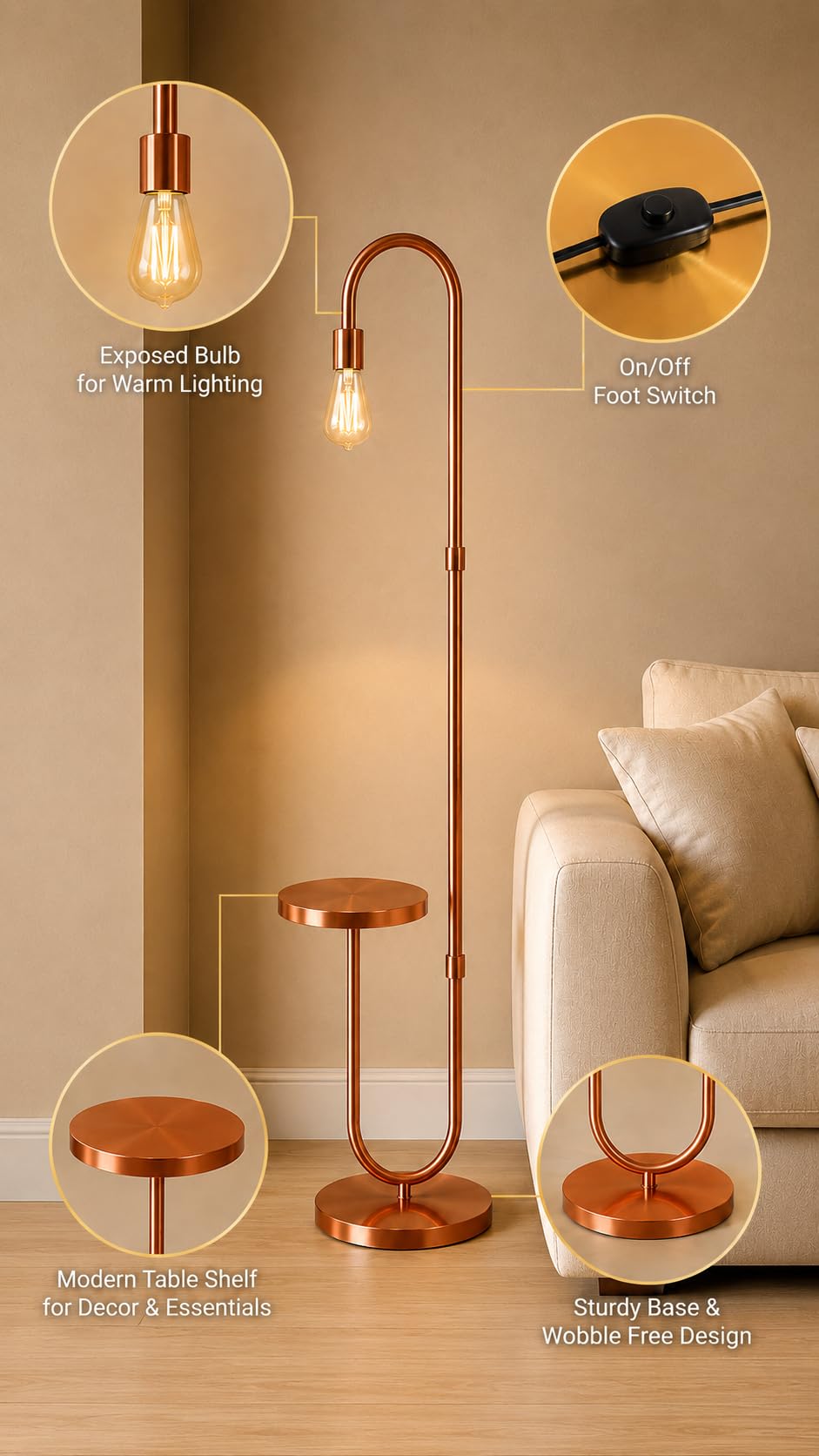 Deco Crush Modern Floor Lamp with Side Table Shelf, 60 Inch Tall