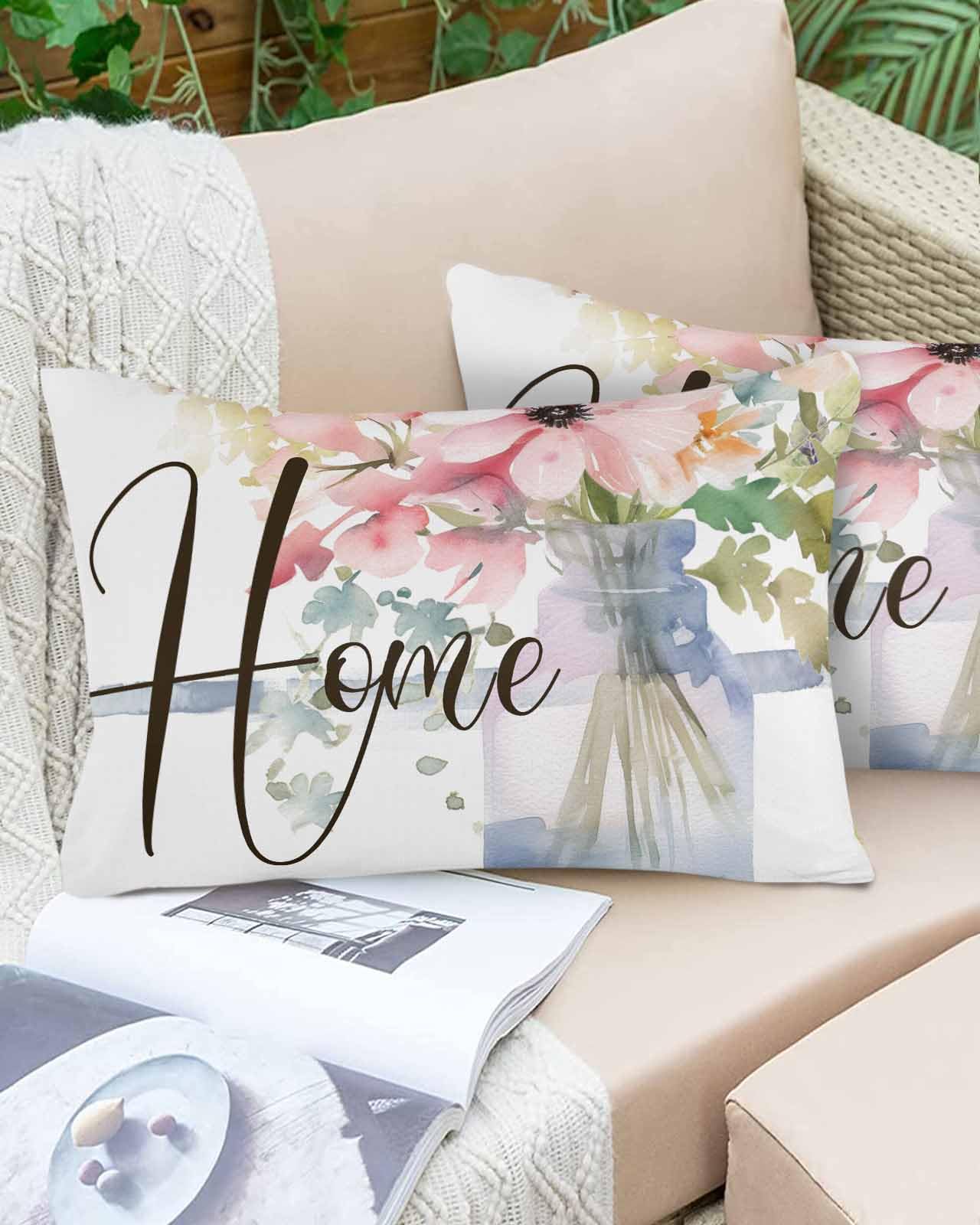 Boanket Lumbar Pillow Covers 12 x 20 Inches, Spring Floral Waterproof Throw Pillow Cover Set of 2, Watercolor Home Summer Botanical Home Decorative Rectangle Cushion Covers for Patio/Tent/Couch/Garden