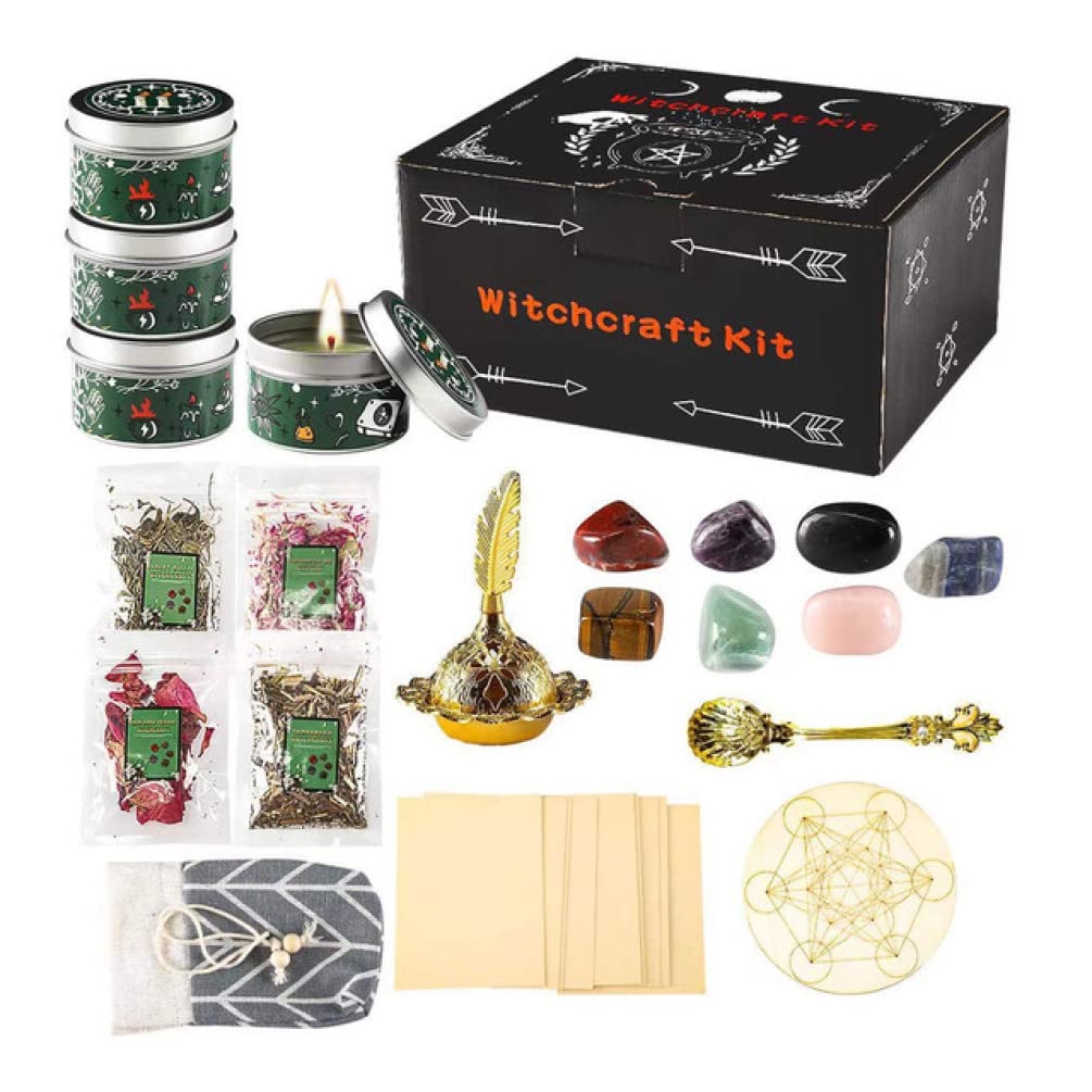 NOBRIM Kit di Stregoneria per la guarigione dei Cristalli Cristalli Candele alla Vaniglia essiccate Strega per Principianti Streghe esperte Incantesimi Pagani Forniture per Stregoneria