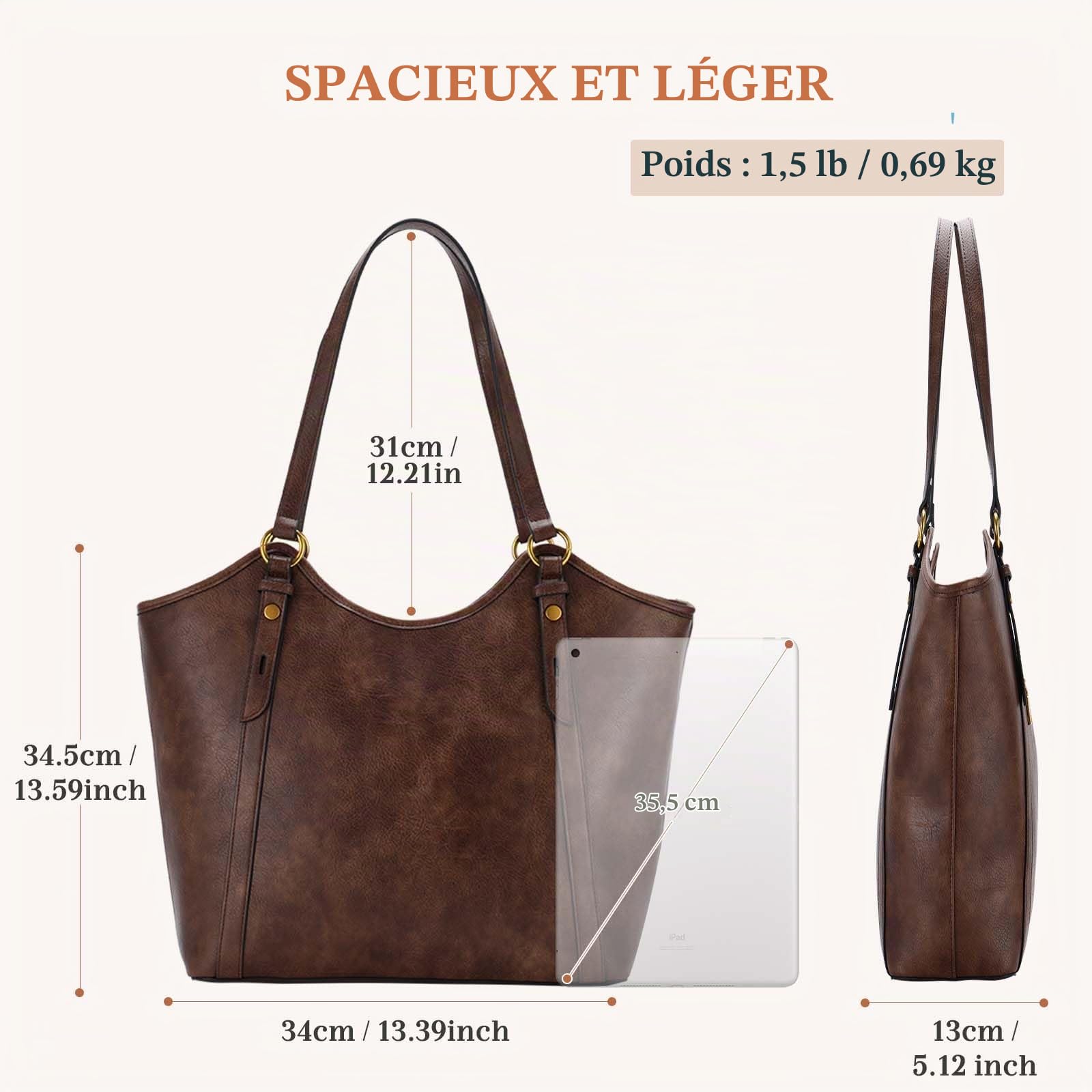 VASCHY Sac Cabas Femme Cuir PU, Mode Sac à Main Élégant pour Cours Sac Ordinateur 14 Pouces Grand Format Tote Bag Zippé pour Travail École Voyage