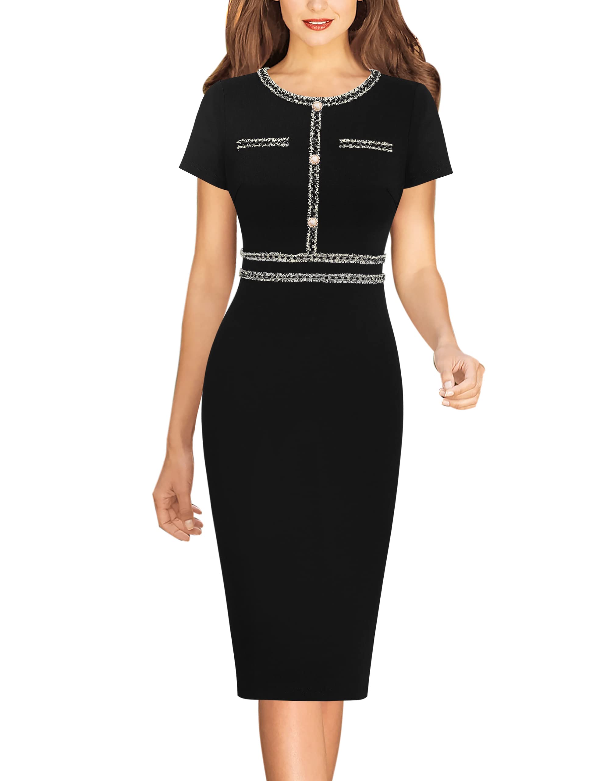 VFSHOW Womens Business Button Crew Neck Fitted Wear to Work Office Patchwork Pencil Sheath Dress