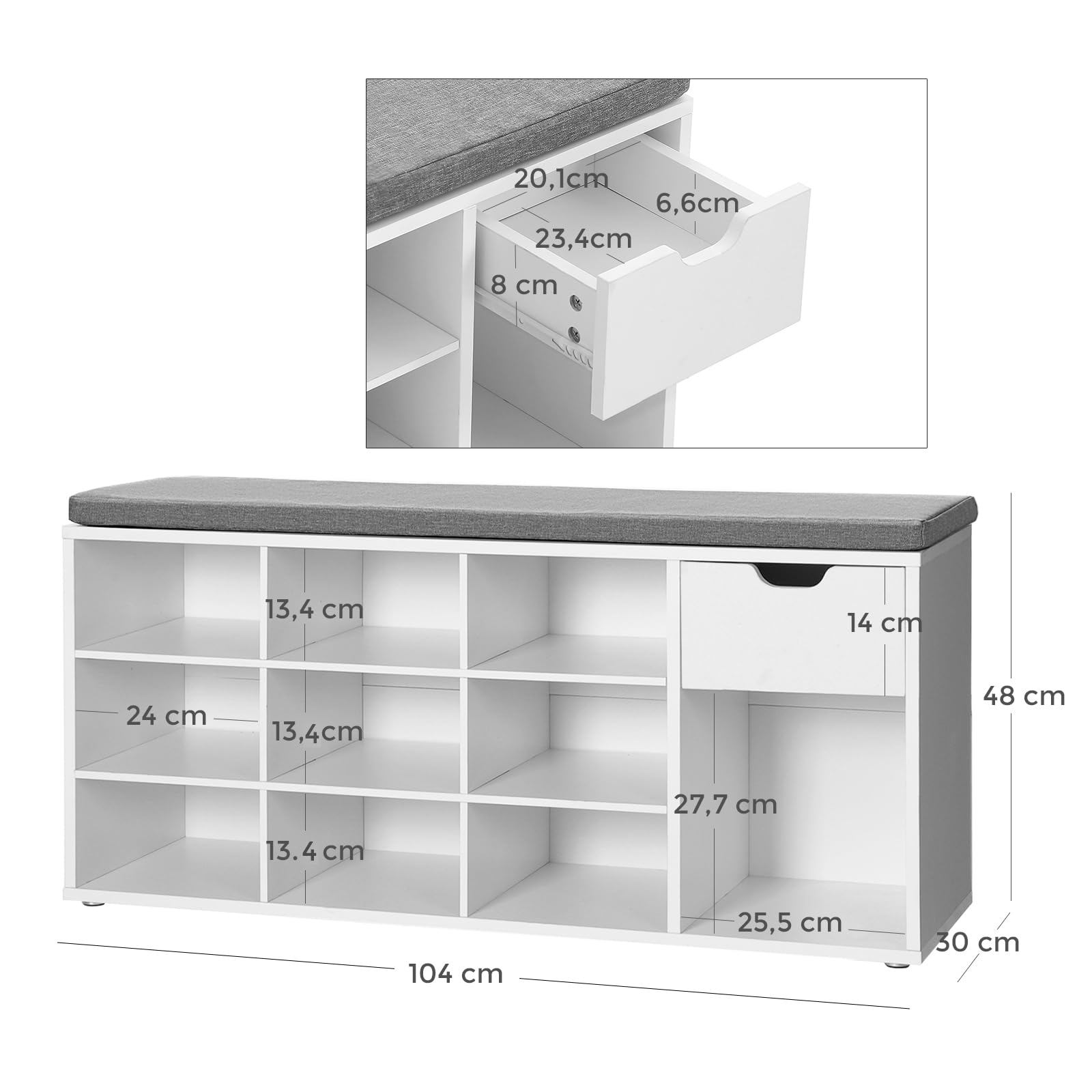 VASAGLE Custos Kollektion - Schuhbank, Schuhregal mit Schublade und offenen Fächern, Sitzbank, gepolsterter Sitz, Flur, Schlafzimmer und Eingangsbereich, 30 x 104 x 48 cm, weiß-grau LHS24WT